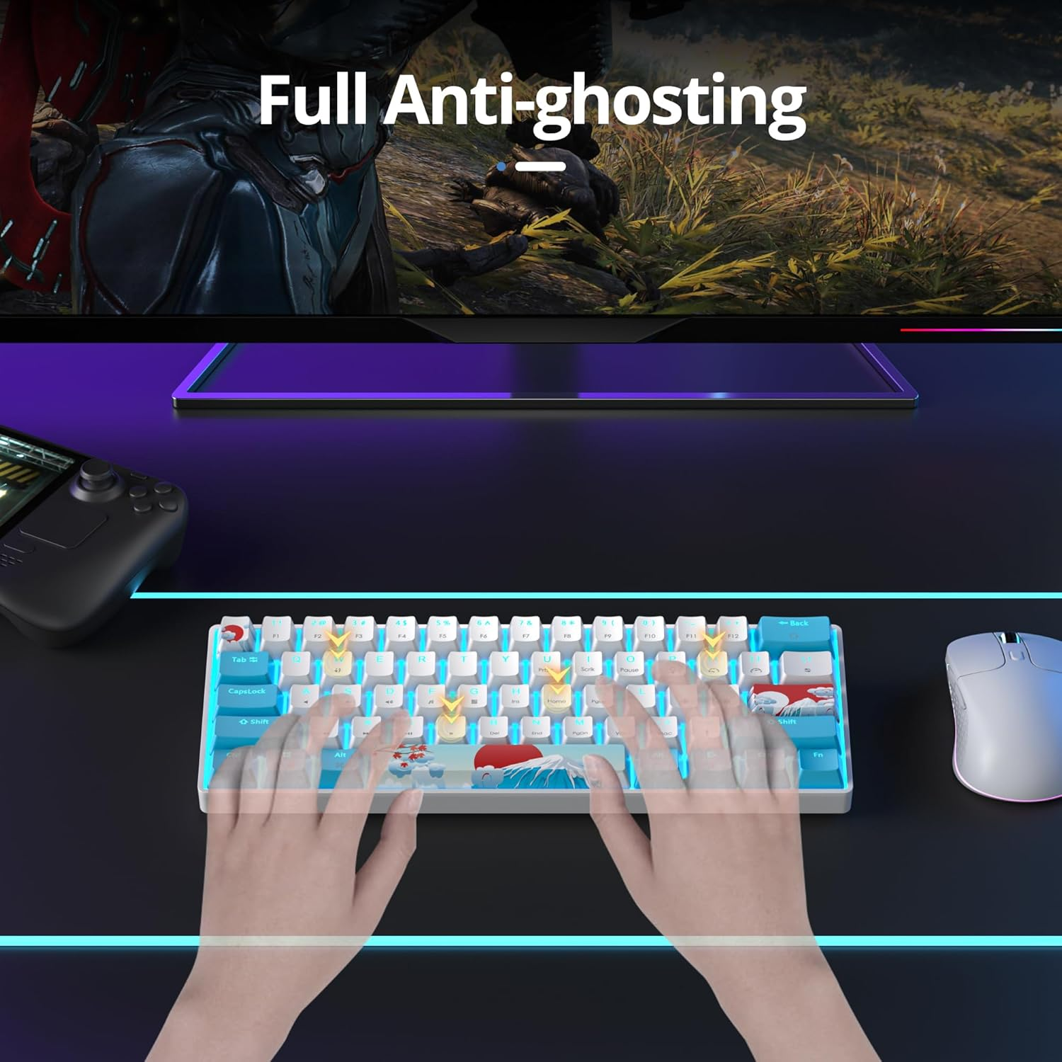 Vumilstek Cool 60% Gaming Keyboard, Compact Mini Wired Mechanical Keyboard 60 Percent with Ice Blue LED Backlit Linear Red Switch PBT Keycaps for Win/Mac PC Gamers(Blue White) image number 4
