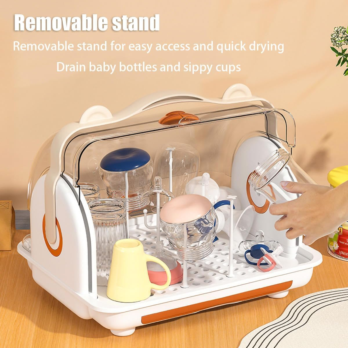 TOMVAES Baby Bottle Storage Box, Drying Rack, Drawer Type Drain Tray, Removable Cup Holder, Transparent Clamshell Design, for Toddler Bottles and Storage Box (Orange) - Blue image number 6