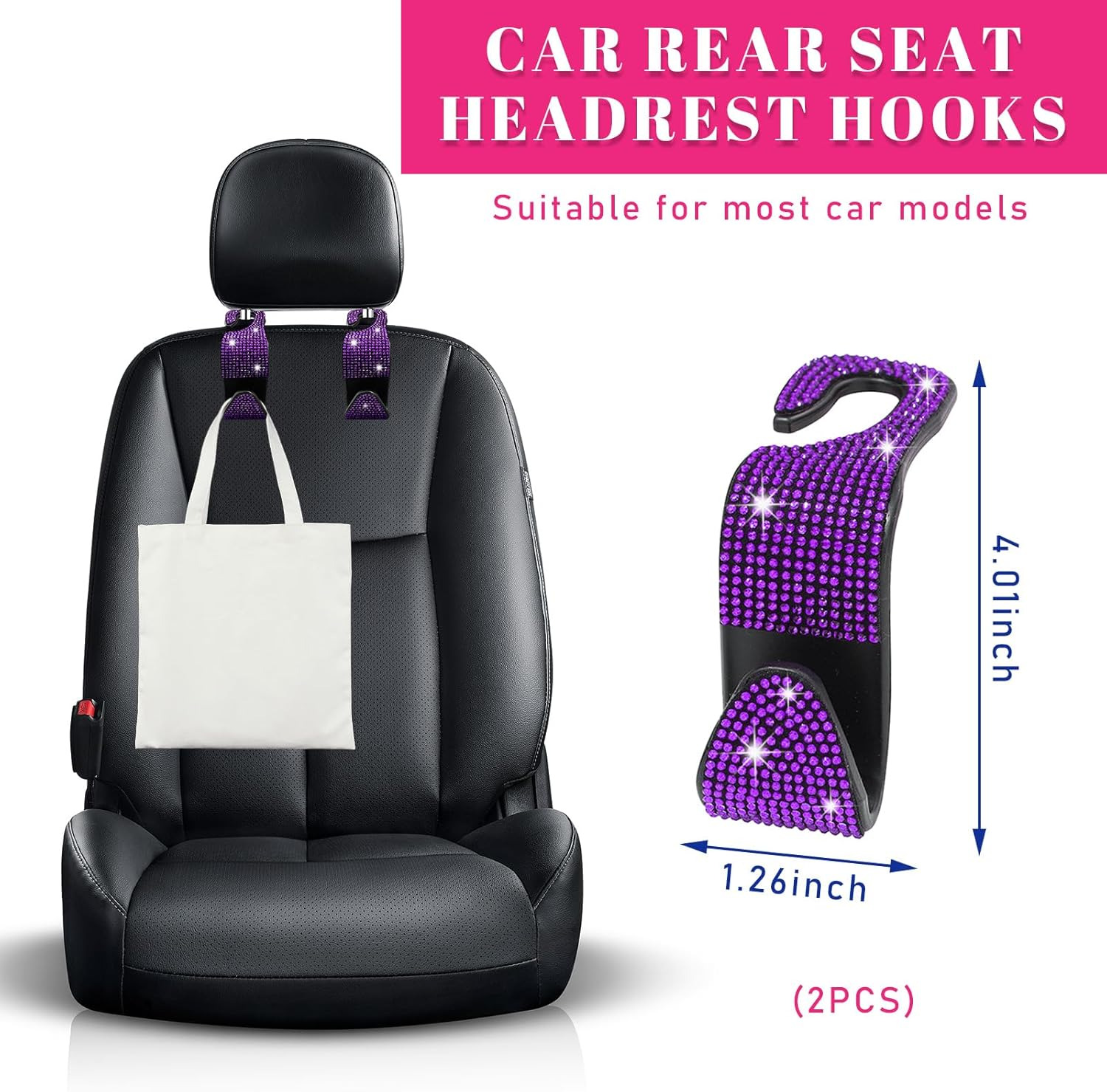 Augeny 2 PCS Bling Car Seat Headrest Hooks, Crystal Rhinestone Back Seat Hanging Storage Organizer, Auto Purse Bags Hanger, Universal Vehicle Interior Accessories for Women Girls (Purple) image number 3