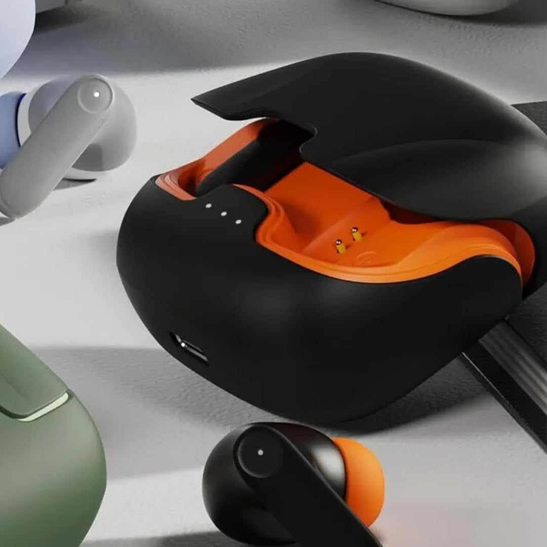 Bluetooth Earbuds with Active Noise Cancelling, Bluetooth 5.4, Lightweight, Wireless Charging Case, Built-In Microphone, Premium Sound for Ios Android (Black Orange) image number 2