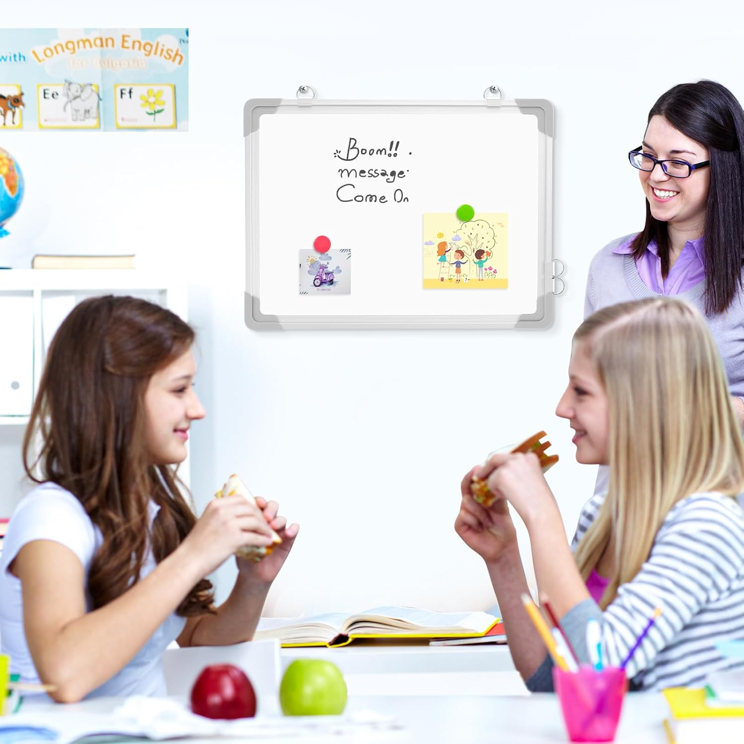 QUEENLINK Magnetic Whiteboard with Aluminum Frame, 30 X 40 Cm Double-Sided White Board, Includes 8 Markers, 1 Eraser, 8 Magnets, Hanging Board for Office, Classroom, Home Study image number 1