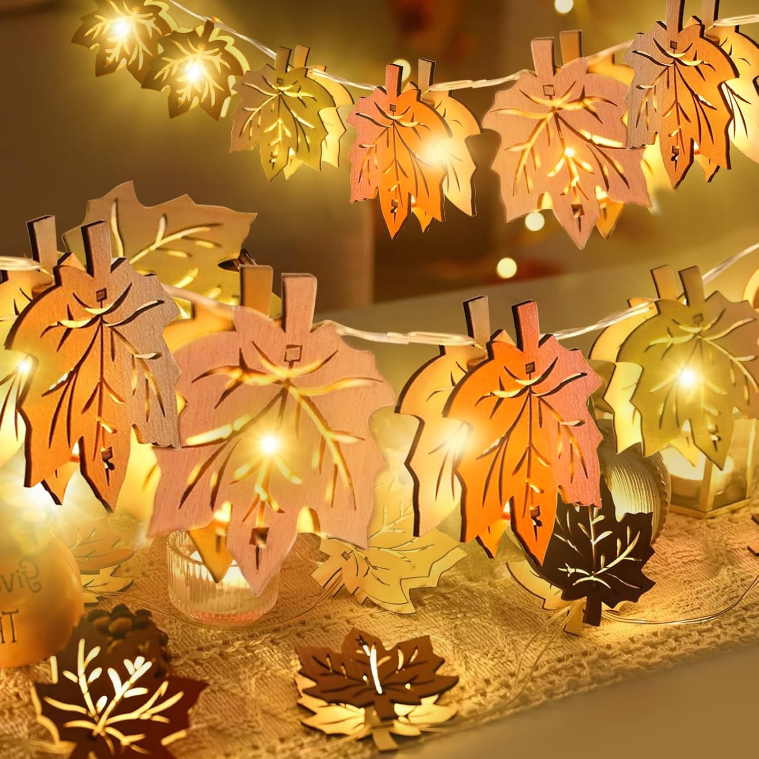 Ydseozoa 1.5 M Autumn Decoration Fairy Lights, Wooden Maple Leaves Fairy Lights, 10 Leds, Artificial Maple Leaf Autumn Hanging Garland for Halloween Thanksgiving and Christmas Decoration image number 1