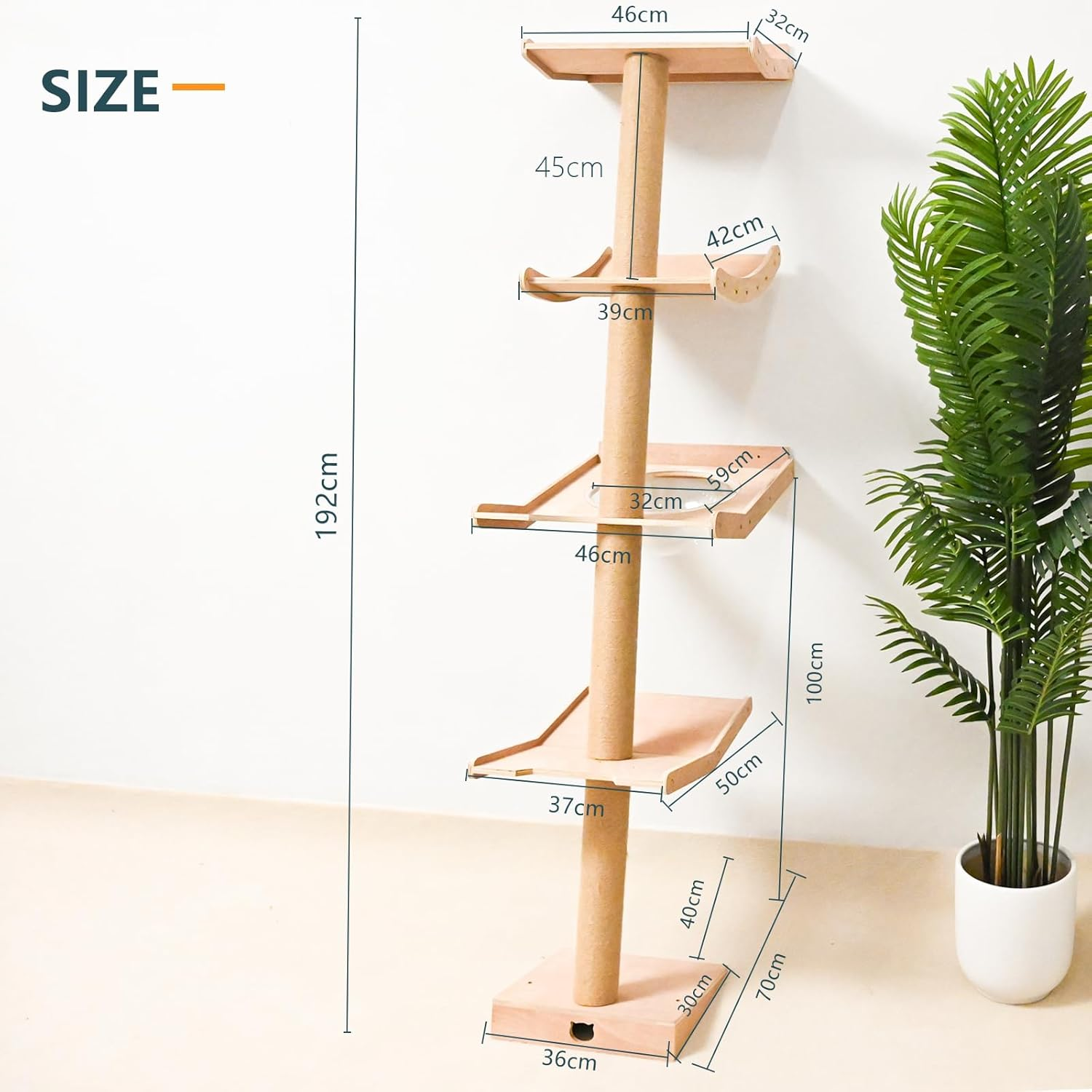 Cat Tree with Hammock, Tall Wall Mounted Wood Scratching Post for Indoor Cats Climbing Activity Tower (Single) image number 4