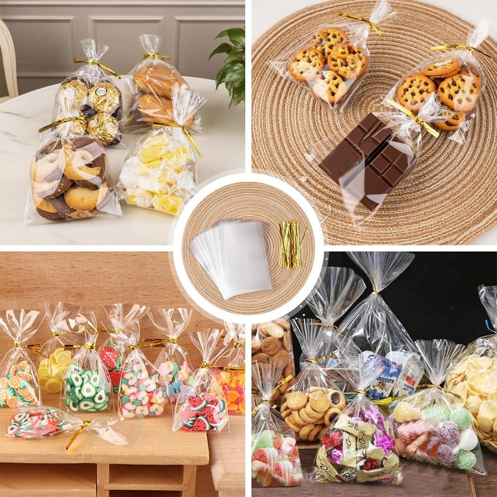 100Pcs Cellophane Bags,Suithink 12X17Cm Transparent Treat Candy Bags with Twist Ties for Small Gift Wrapping, Cookies, Party Favors, Bakery Packaging
