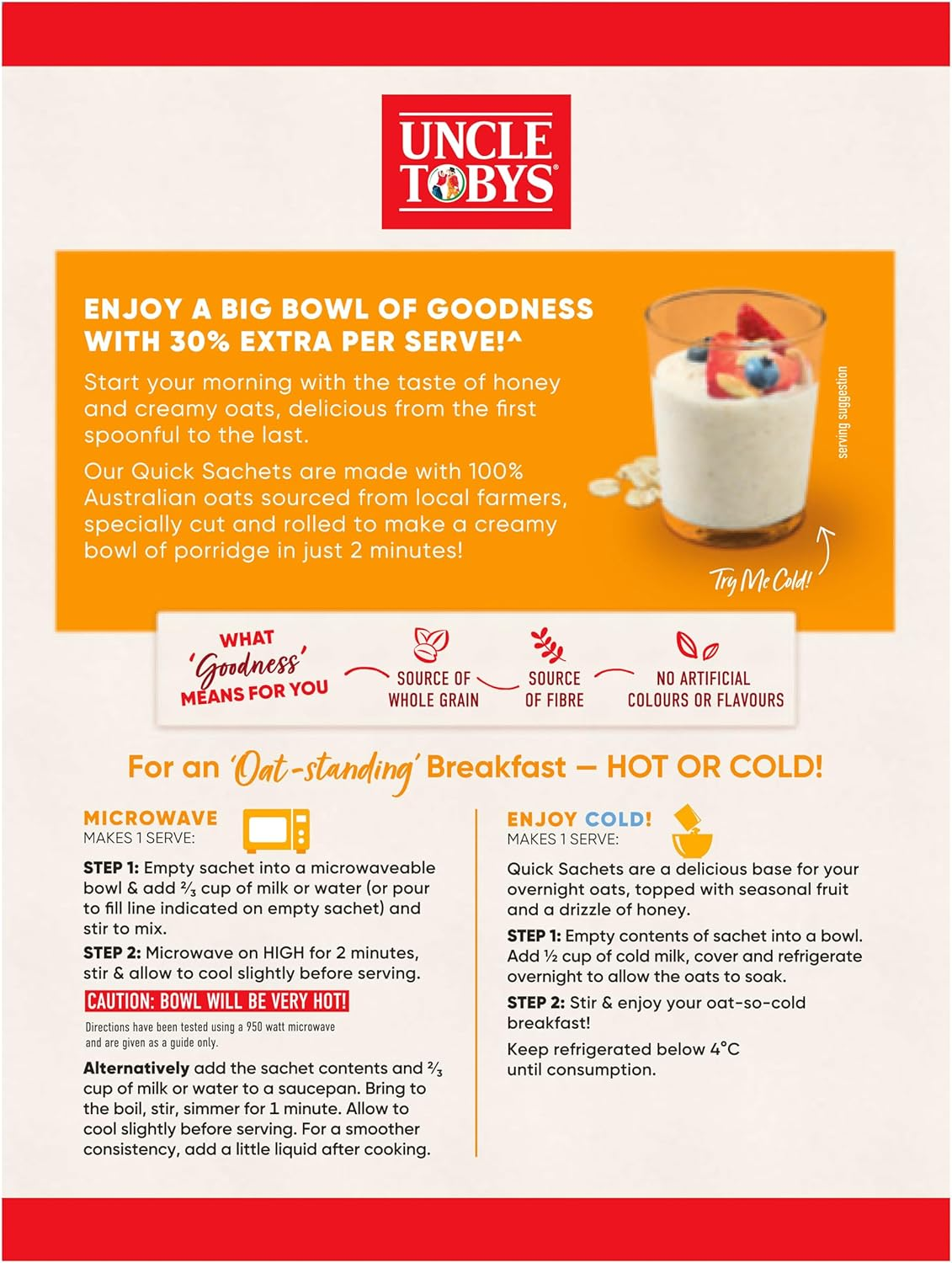 UNCLE TOBYS Oats Quick Sachets Honey, Big Bowl 30 Percent Extra, 8 Sachets image number 2