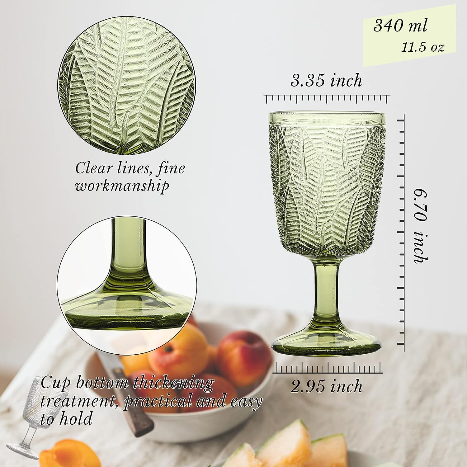 HZIYOU Vintage Green Wine Glasses Set of 4, 11 Oz Colored Glass Drinkware Sets, Embossed Floral Pattern Non-Slip, Unique Vintage Glasses Drinking, Goblet Glasses, Wedding, Party, Bar, Dinner (Green) image number 6