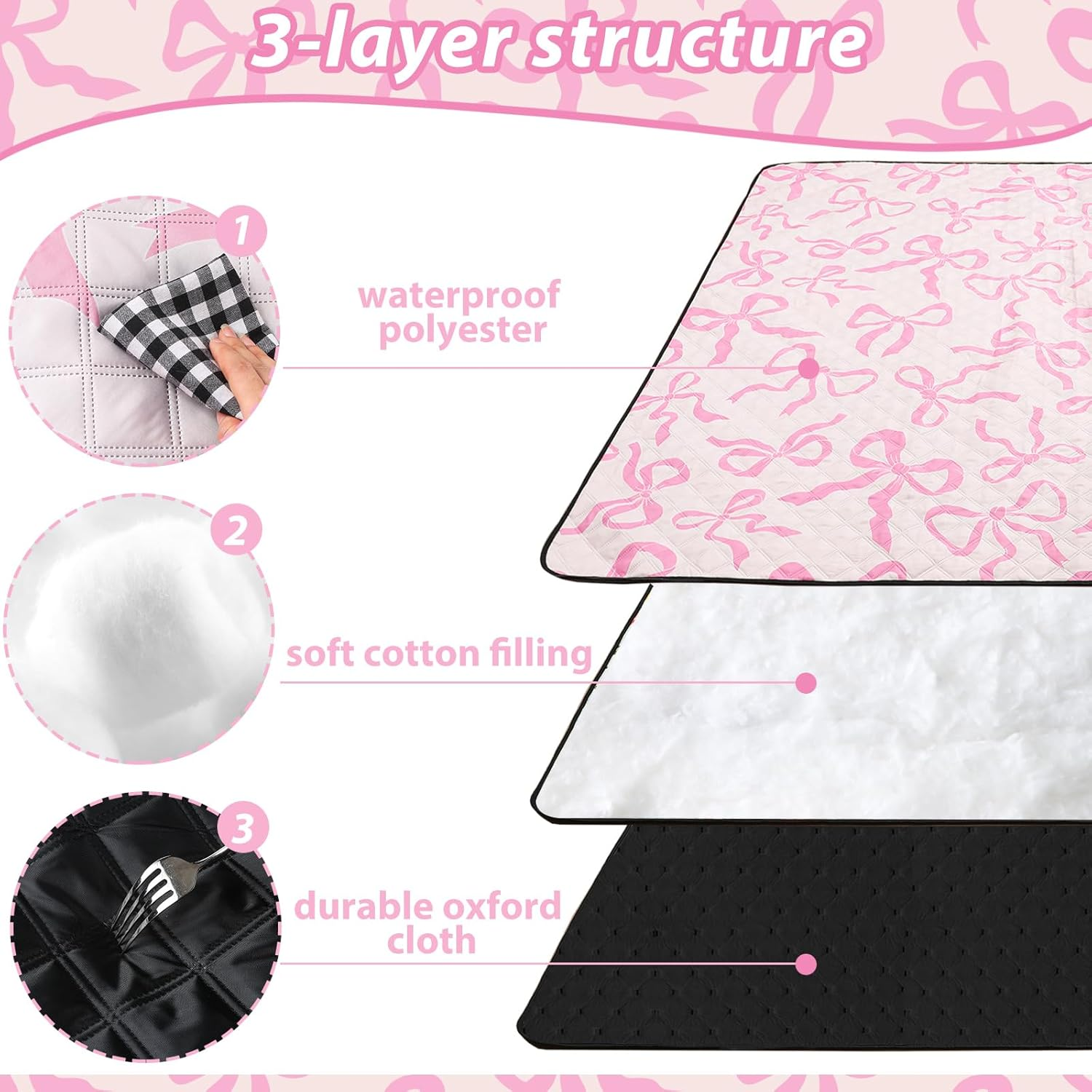 Pink Bow Picnic Blanket 80'' X 80'' Waterproof Extra Large Camping Blanket Coquette Picnic Mat Foldable Portable Preppy Outdoor Beach Mat with Carry Strap for Outdoor Grass Lawn Park image number 4