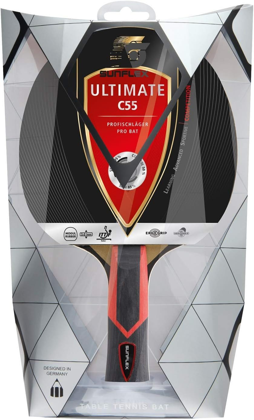 SUNFLEX Ultimate C55 Table Tennis Bat, Competition Bat for Fast Offensive Play, ITTF Approved Mogul Rubber with 2.0Mm Sponge, Ergo Grip & Shock‑Absorber‑Tube Handle image number 4