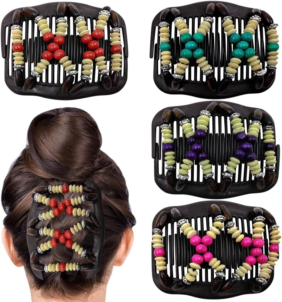 Umibow 4 Pcs Stretchy Magic Hair Combs for Women Double Comb Hair Clip Elastic Wood Beaded Hair Bun Maker Magic Hair Side Combs for Curly Thick Wavy Hair