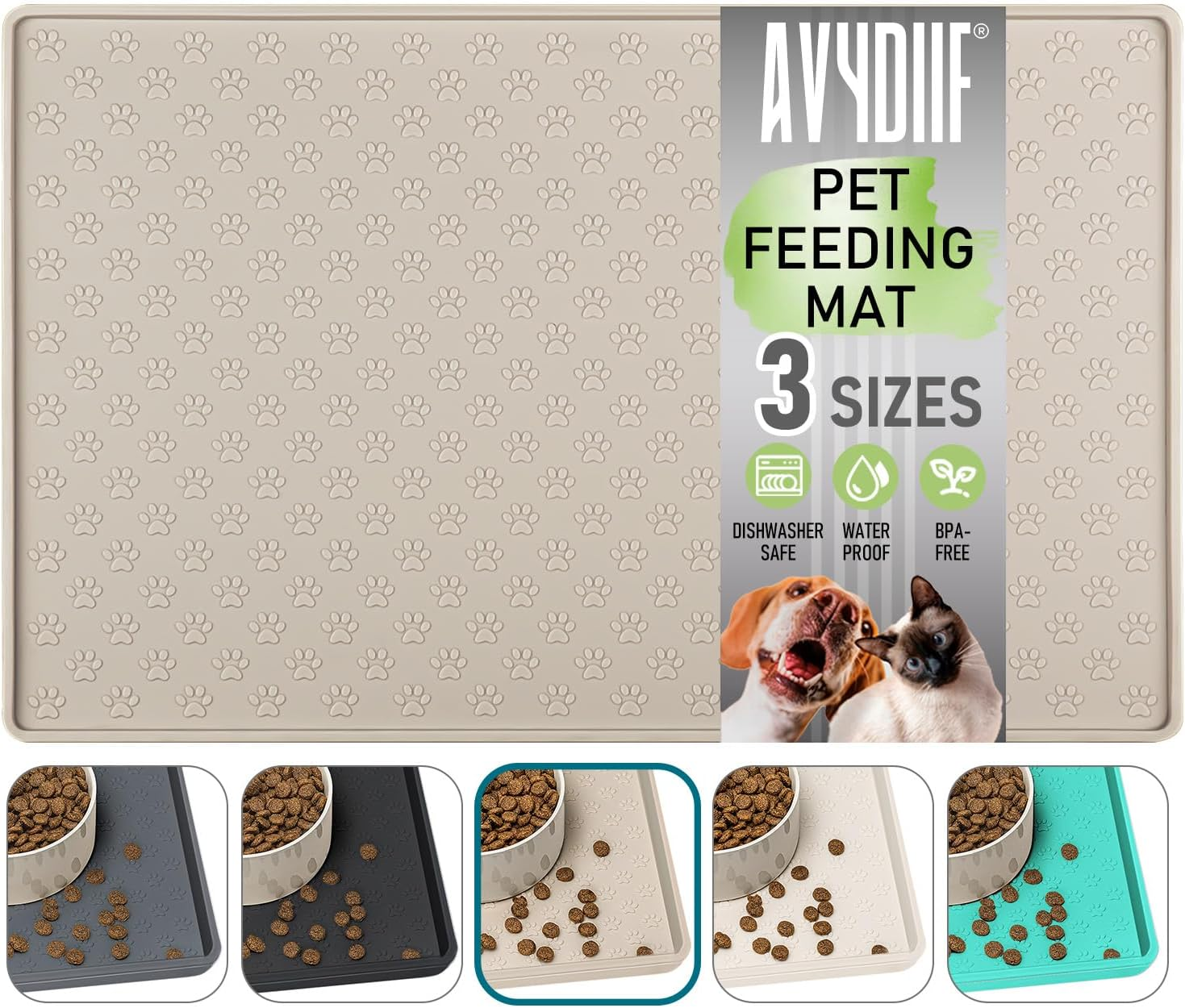 Silicone Dog Cat Food Mat, Waterproof Slip Resistant Raised Edge Pet Feeding Mats, Pet Bowl Mat Anti-Messy and Prevent Spill on Floor, Dishwasher Safe (Beige, L: 24" X 16")