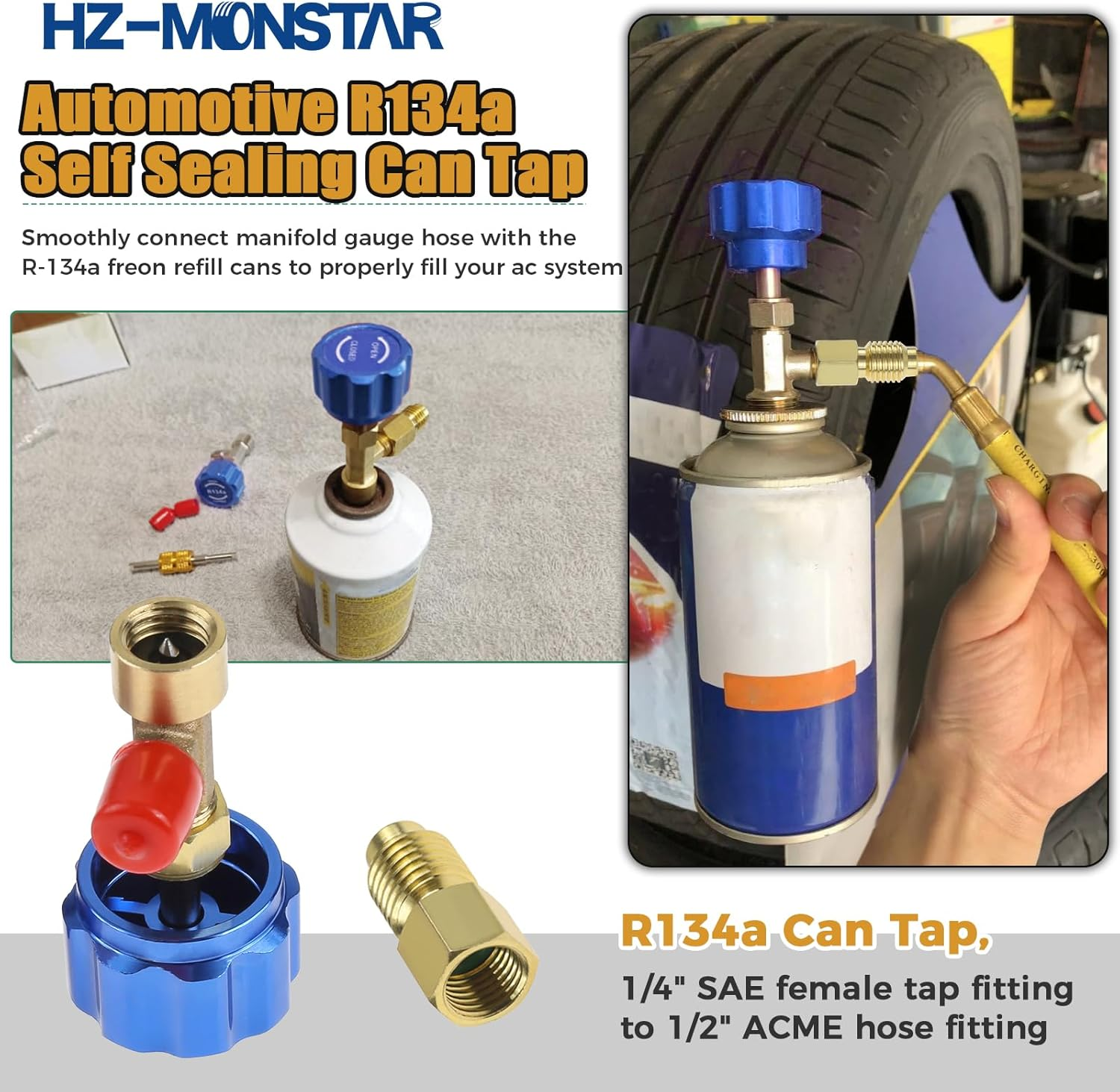 R134A Can Tap, Self Sealing R134A Refrigerant Dispenser with 1/2" Acme 1/4" SAE Adapter, R134A Self Sealing Can Tap and Puncture AC Freon Can 134A Adapter Fittings for AC System Blue