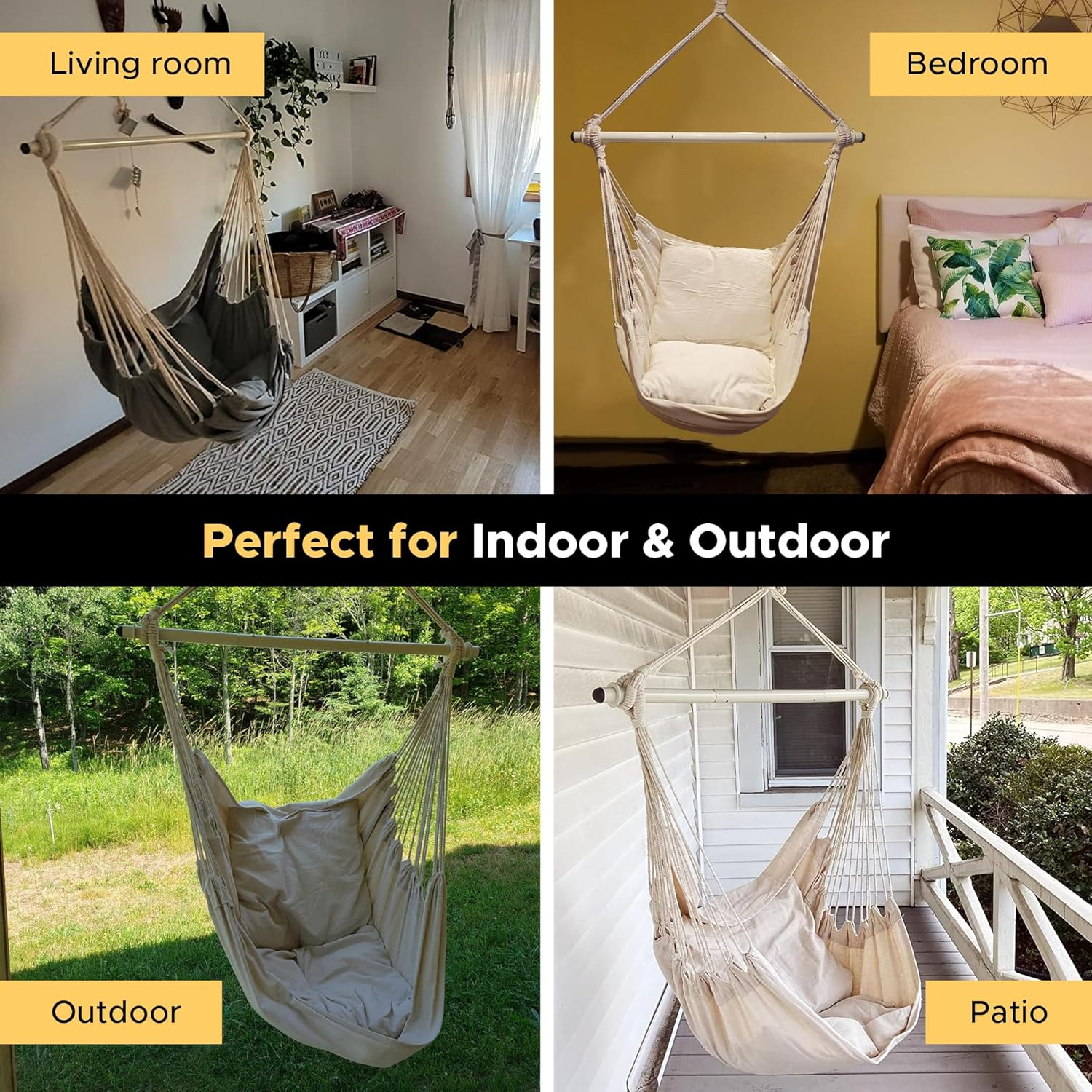 ADVOKAIR Hammock Chair Hanging Chair Swing Large Indoor with Anti-Slip Steel Spread Bar and Pocket-Max 500Lbs-2 Cushions, Perfect for Bedroom,Outdoor,Patio, Porch,Backyard&hellip; - A Rainbow Colors image number 6