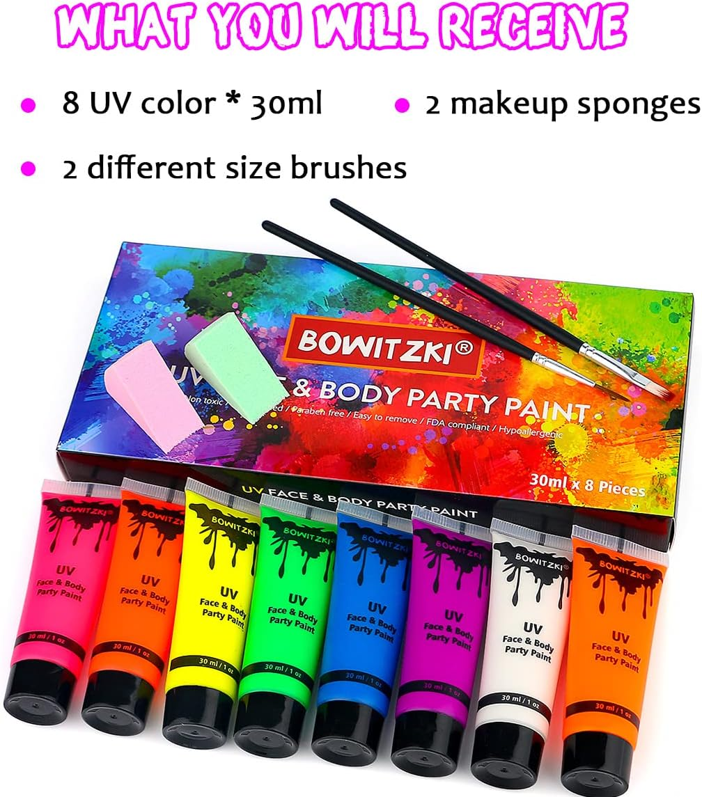 Bowitzki UV Neon Face and Body Paint 8 X 30Ml Largest Kit Black Light Glow in the Dark Makeup Set Fluorescent Face Painting for Adults Music Festivals Party Halloween Christmas image number 6