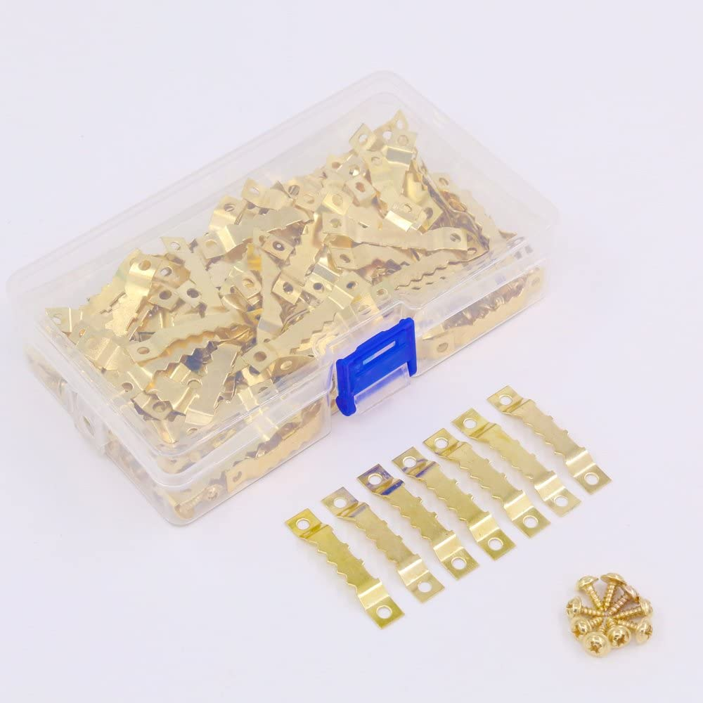 120Pcs Golden Stainless Steel Sawtooth Picture Hangers Frame Hanging Hangers Double Hole with Screws for Picture Painting Frame Cross-Stitch image number 3