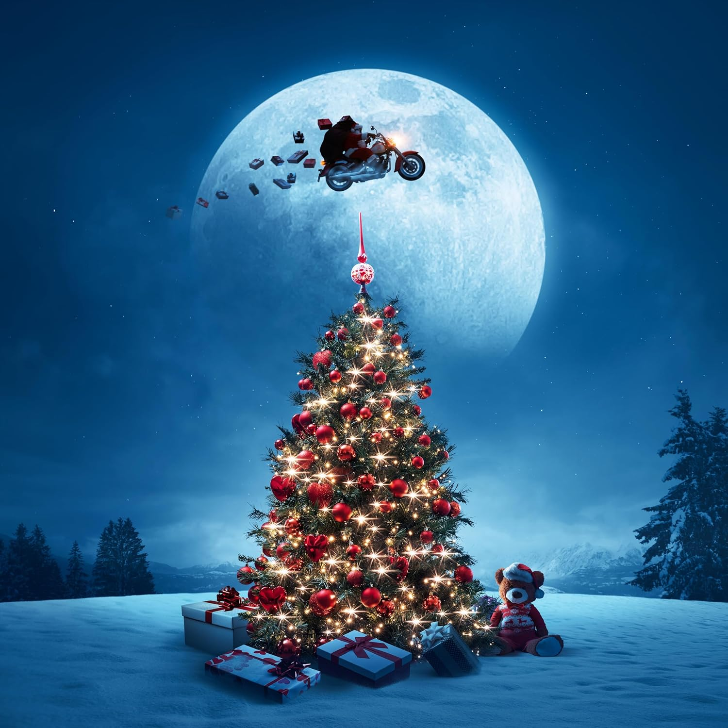 5X7Ft Christmas Tree Backdrop Winter Wonderland Santa Claus Full Moon Pine Forest Gift Boxes Bear Starry Sky Background Winter Christmas Eve New Year Party Decor Photo Booth Studio Props image number 1