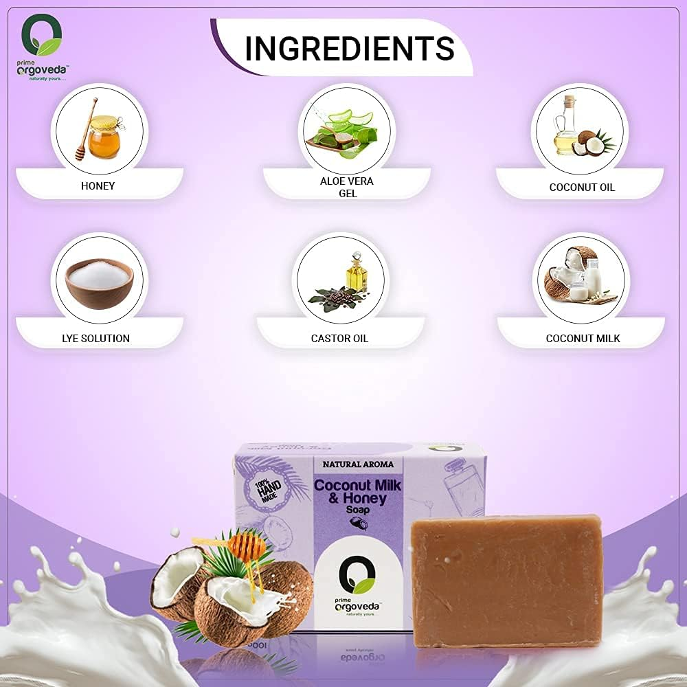 100% Natural Handmade Milk Honey Soap with Milk, Honey, Olive Oil, Coconut Oil, Sunflower Oil Free from Parabens, Sulphates and Mineral Oil | Prime Orgoveda | Softening Creamy Soap - 100G (Pack of 4) image number 5