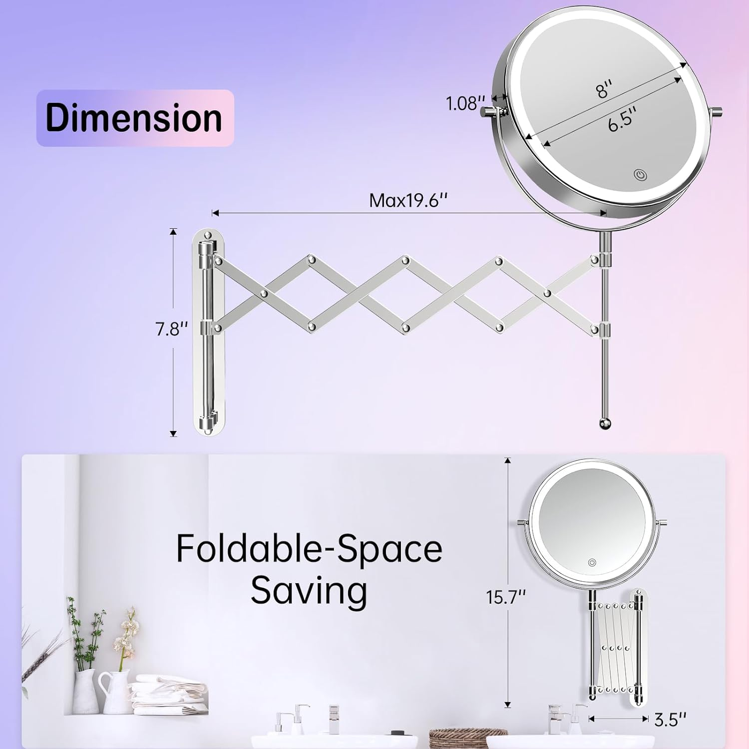 Famihomii Wall Mounted Bathroom Makeup Mirror with Lights, Rechargeable 8 Inch 1X/10X Double Sided Magnifying Mirror with 360&deg; Swivel Bathroom Extendable Arm, Telescoping Mesh Shaving Mirror - Chrome image number 3