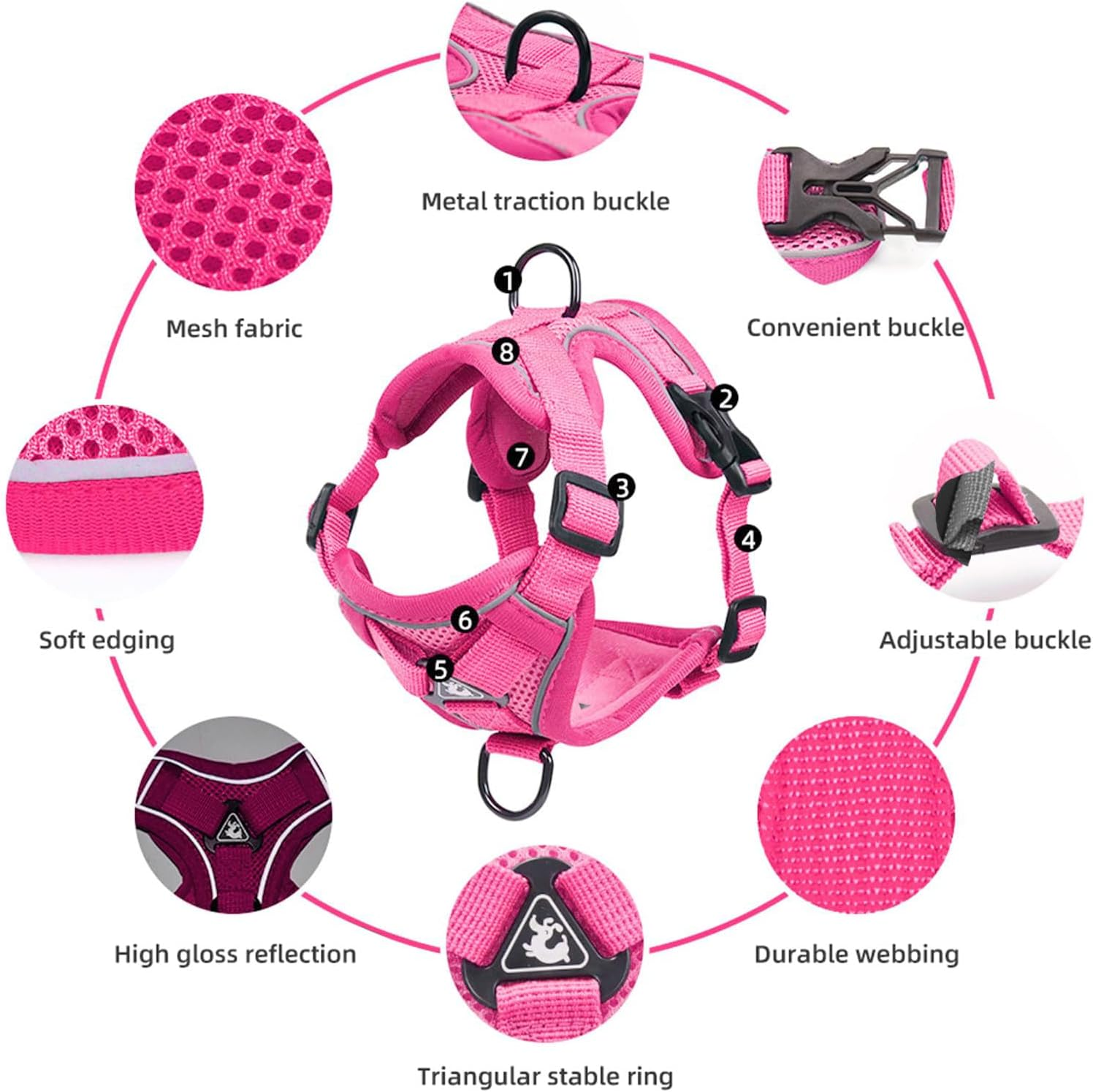 Cat Harness and Leash Set for Walking, Adjusted in 4 Directions Escape Proof Cat Harness Vest, Kitten Harness with Reflective Strip for Cats Kitten (Pink, M) image number 6