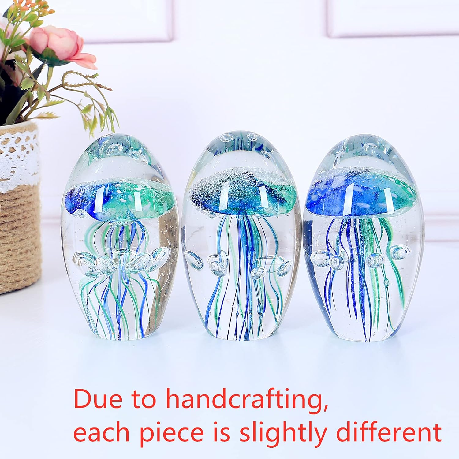 EUSTUMA Hand Blown Glass Jellyfish Figurine Ornament,Sea Animal Ornament for Fish Tank Aquarium,Sea Animals Collection for Birthday Gift,Glass Paperweight - Blue image number 3