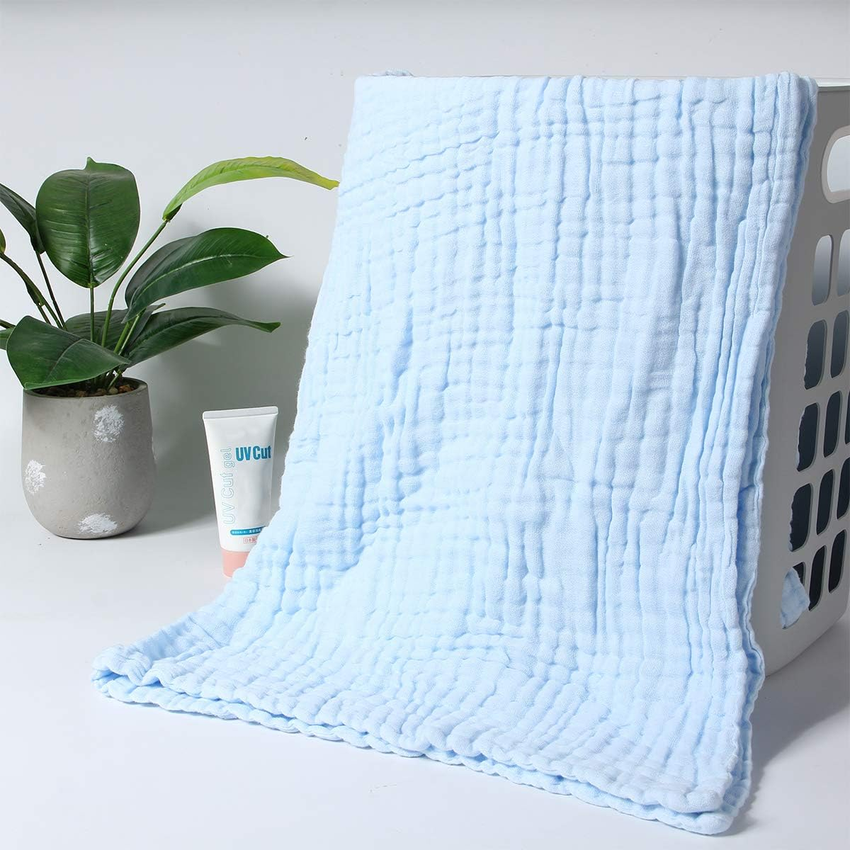 Muslin Baby Towel Super Soft and Absorbent Cotton Baby Bath Towels 2 Pack 6 Layers Infant Newborn Blanket Toddler and Kids Large 40 X 40Inches (Blue & White) image number 2