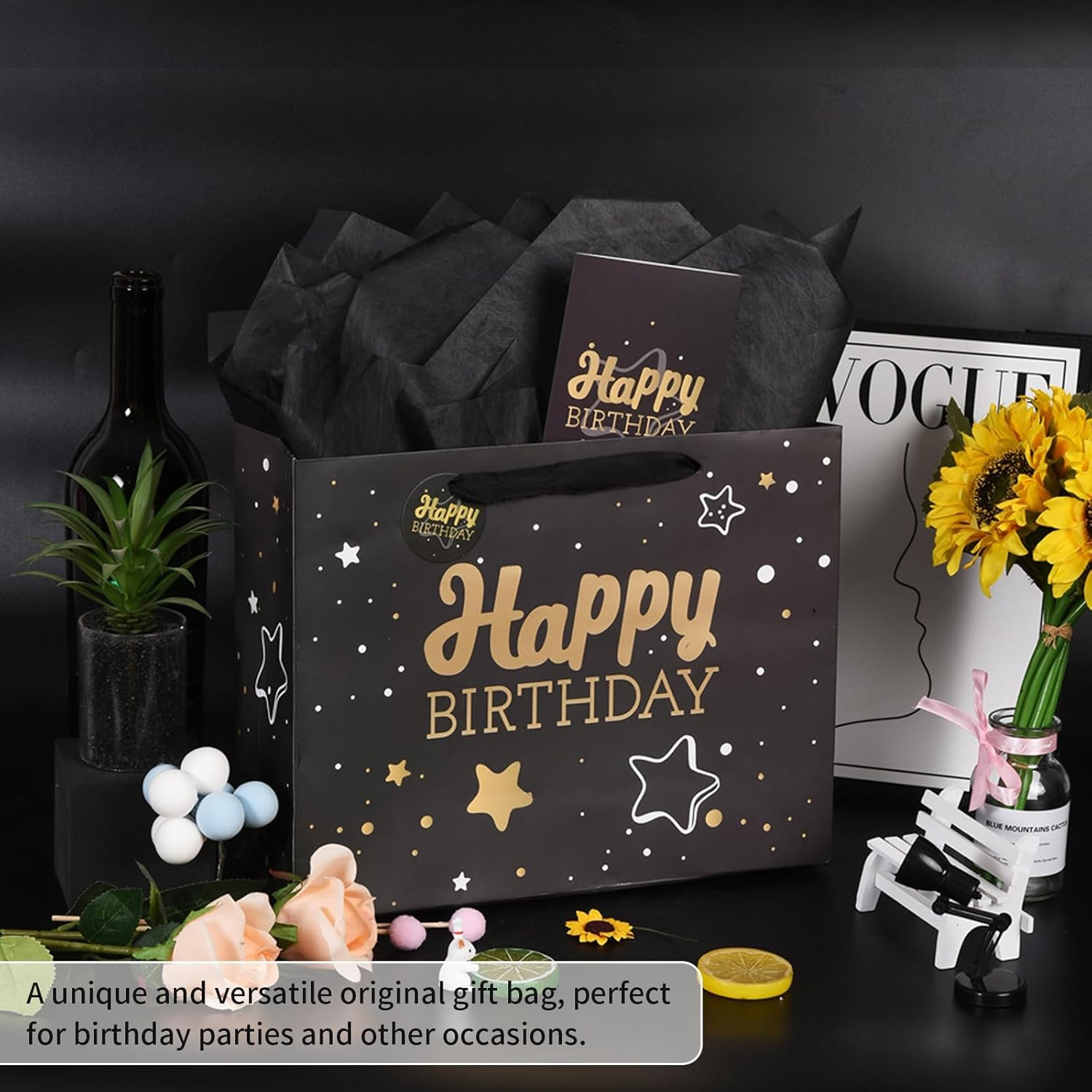 PAOFUFUI Birthday Gift Bag with Tissue Paper and Greeting Card, 13'X10.2'X4.9' Unisex Includes Card, Ribbon, Crinkle Paper (Black Starry Sky) image number 5