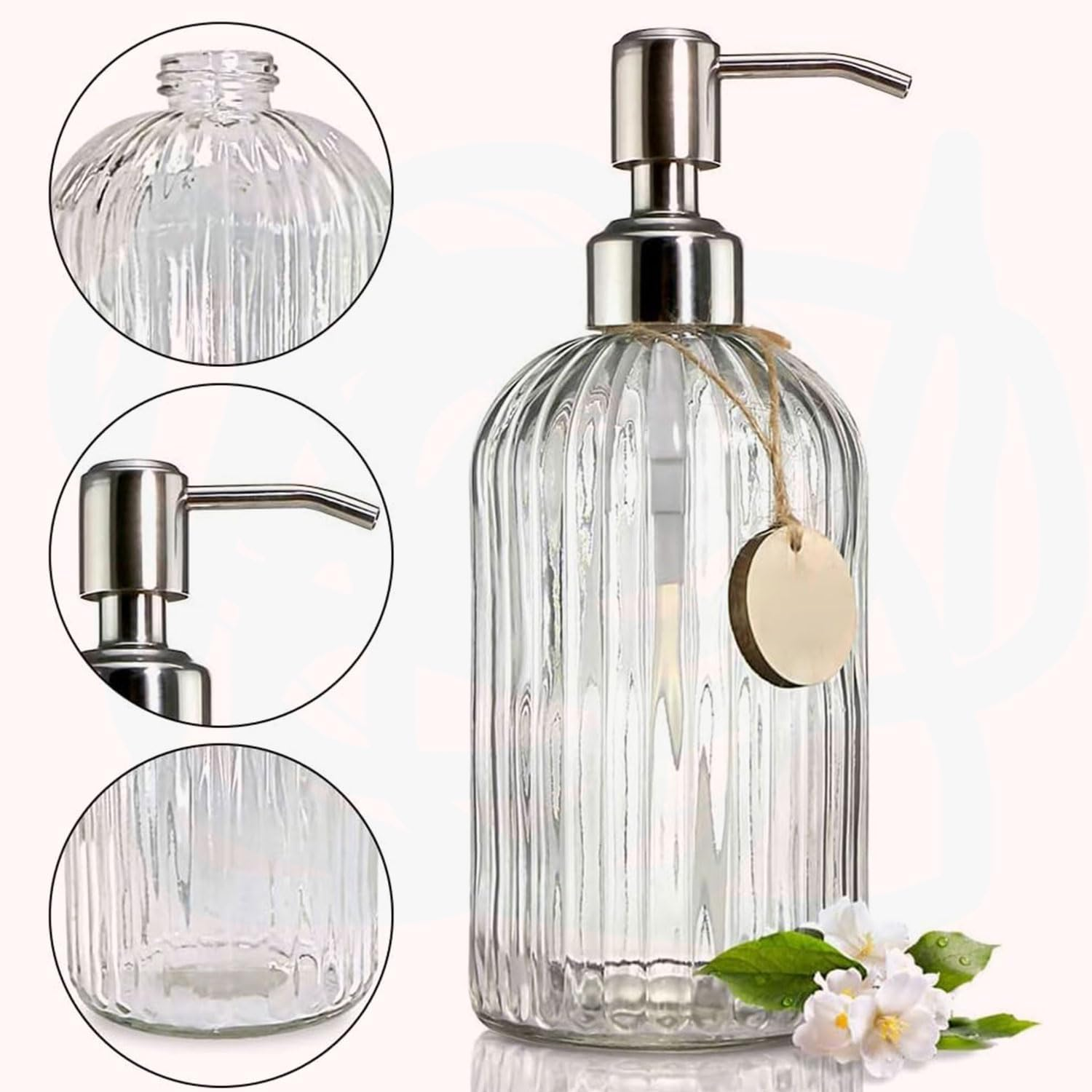YIRANJIA 2-Pack 18 Oz Glass Soap Dispenser with Rust-Proof Stainless Steel Pump - Refillable Vertical Stripe Design for Kitchen & Bathroom image number 6