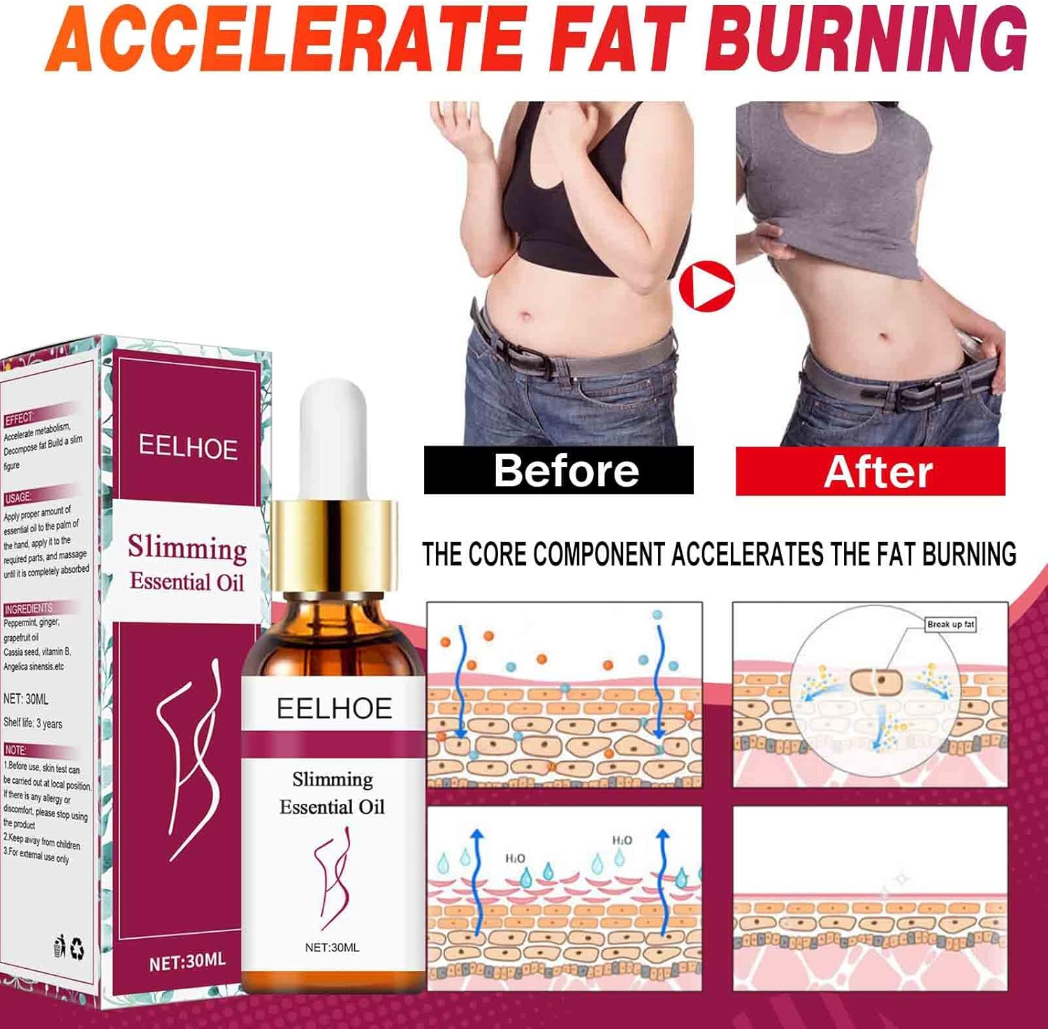 30Ml Belly Shaping Oil, Herbal Slimming Massage Oil, anti Cellulite Massage Oil, Fat Burning Massage Oil Natural Lymphatic Drainage Spa Essential Oil for Tummy Abdomen and Waist Stay 2PCS