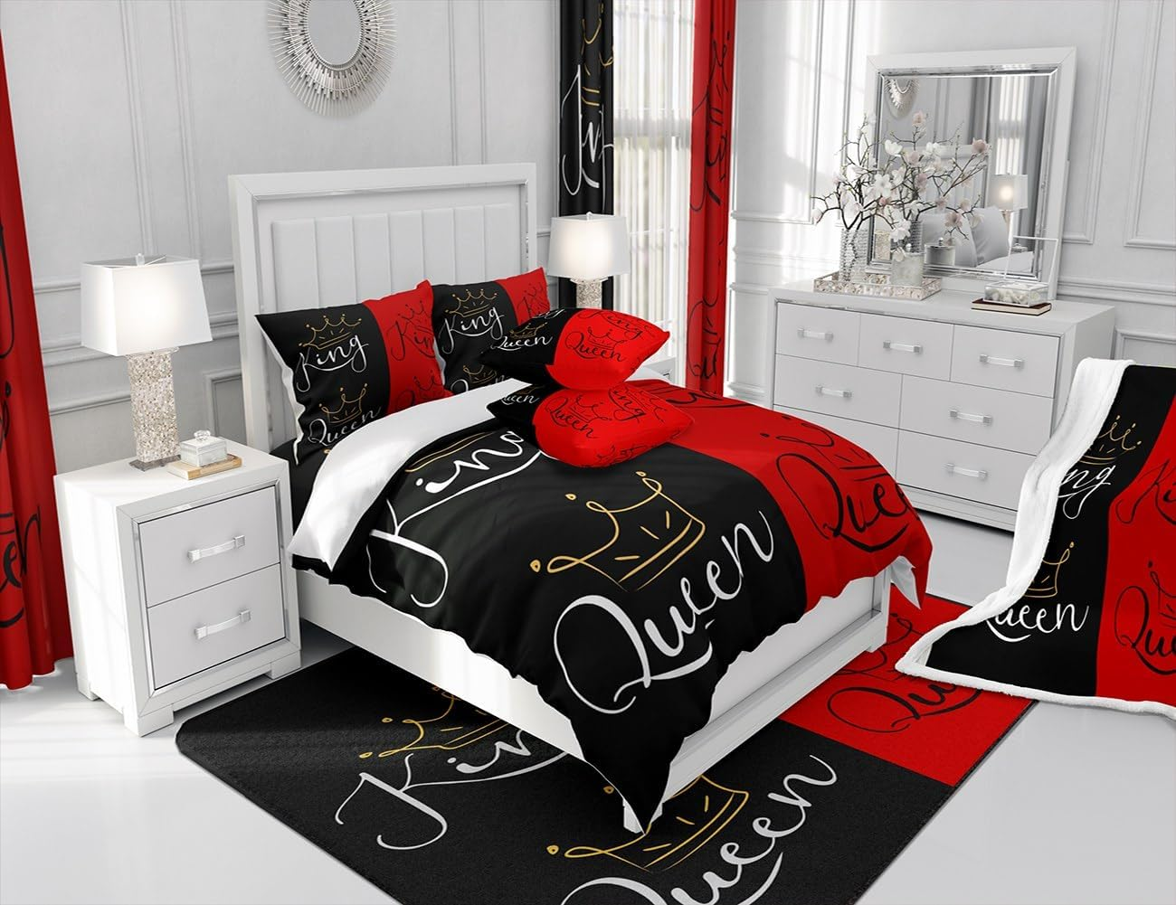 Crown Queen King Duvet Cover Set L Size, Couple Lovers Bedding Set, Teens Women Men Room Decor, Red and Black Comforter Cover, Valentine'S Day, Wedding Theme Quilt Cover, 2 Pillowcases image number 4