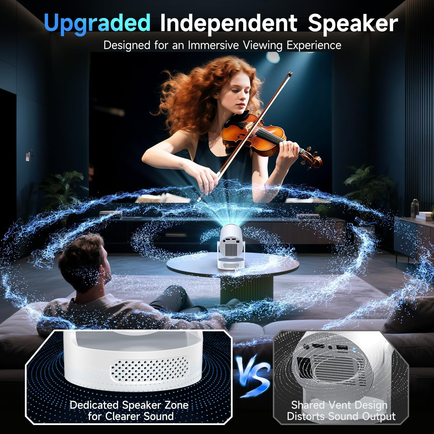 Kimwood Projector with Upgraded Base Speaker, [Built-In Apps] Mini Portable Projector Lower Noise Auto Keystone Wifi 6 Bluetooth 5.4, 0.8:1 Ultra Short Throw Projectors for Big Screens in Small Rooms image number 3