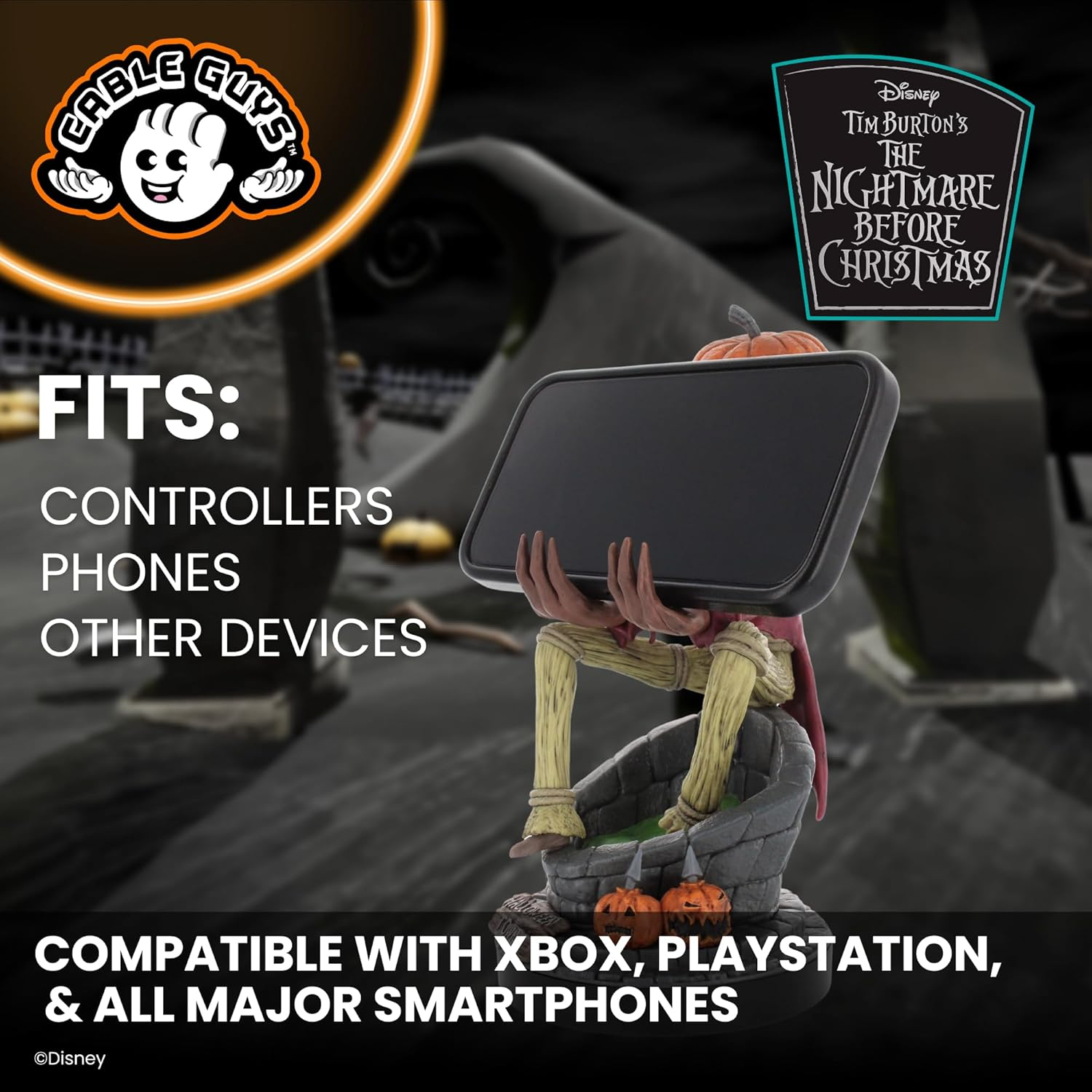 Cable Guys - Nightmare before Christmas: Jack Pumpkin King Original Controller and Phone Holder (Xbox, Playstation, Nintendo Switch) & Phone (Iphone, Samsung, Google) image number 2