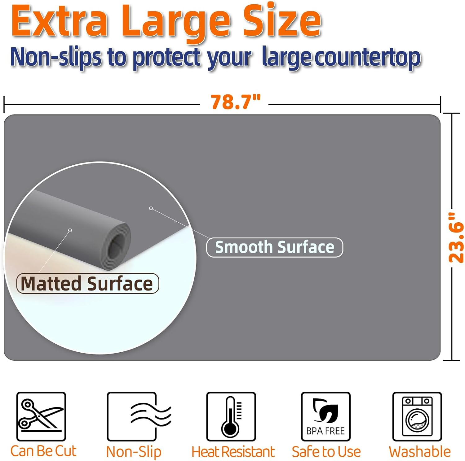 Warome Silicone Mat, 78.7&rdquo;X 23.6&rdquo; Heat Resistant Mats for Countertop, Extra Large Protector, Multi-Functional Cuttable Kitchen Counter, Counter/Crafts- Grey, (GY-SL-78.7) image number 3