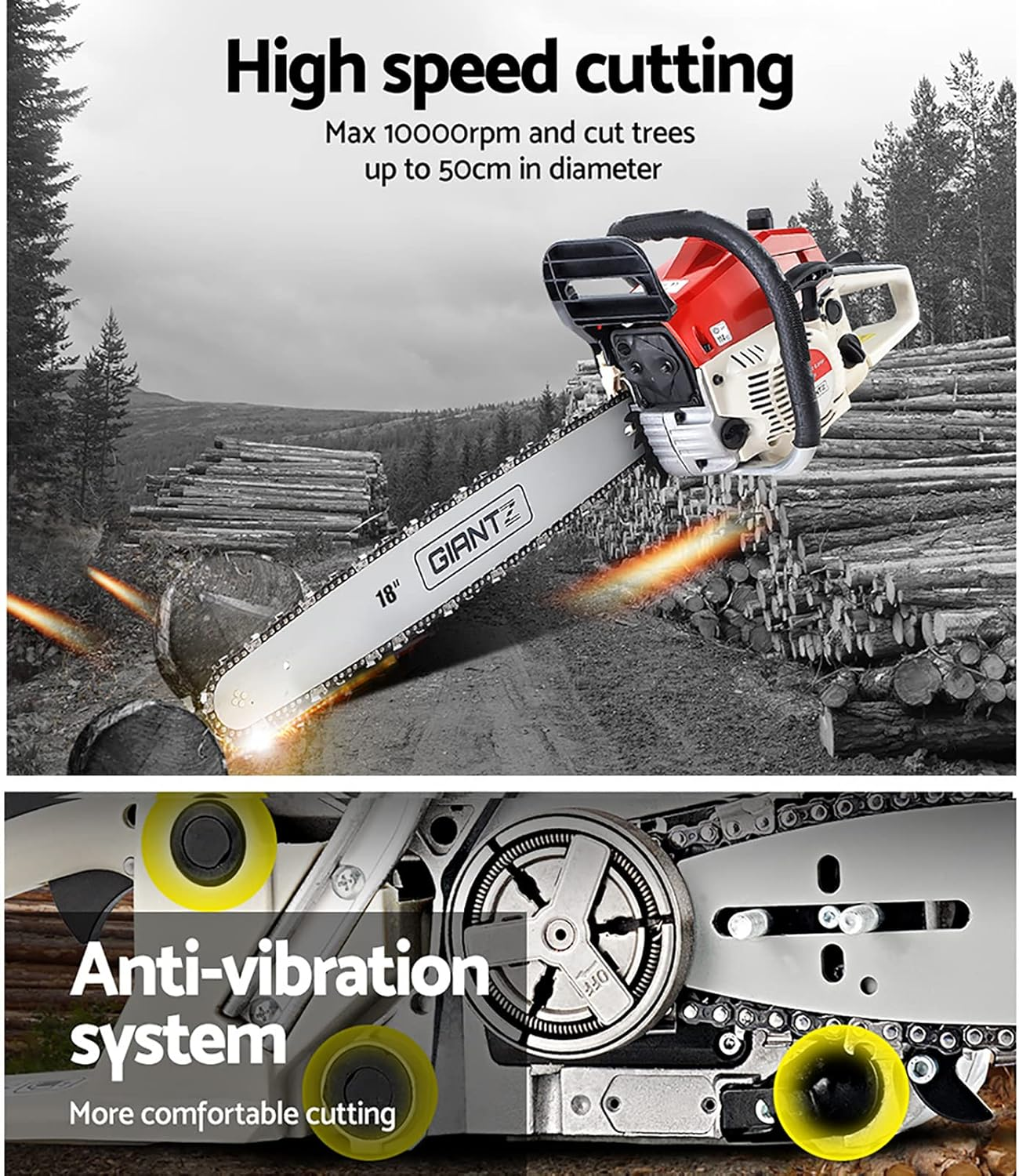 Giantz Chainsaw, 75Cc Cordless Petrol Hand Power Chain Saw Home Garden Farm Tree Gear, with Cover Self Cooling Flywheel Auto-Throttle Locking 18&rdquo; Bar E-Start image number 5