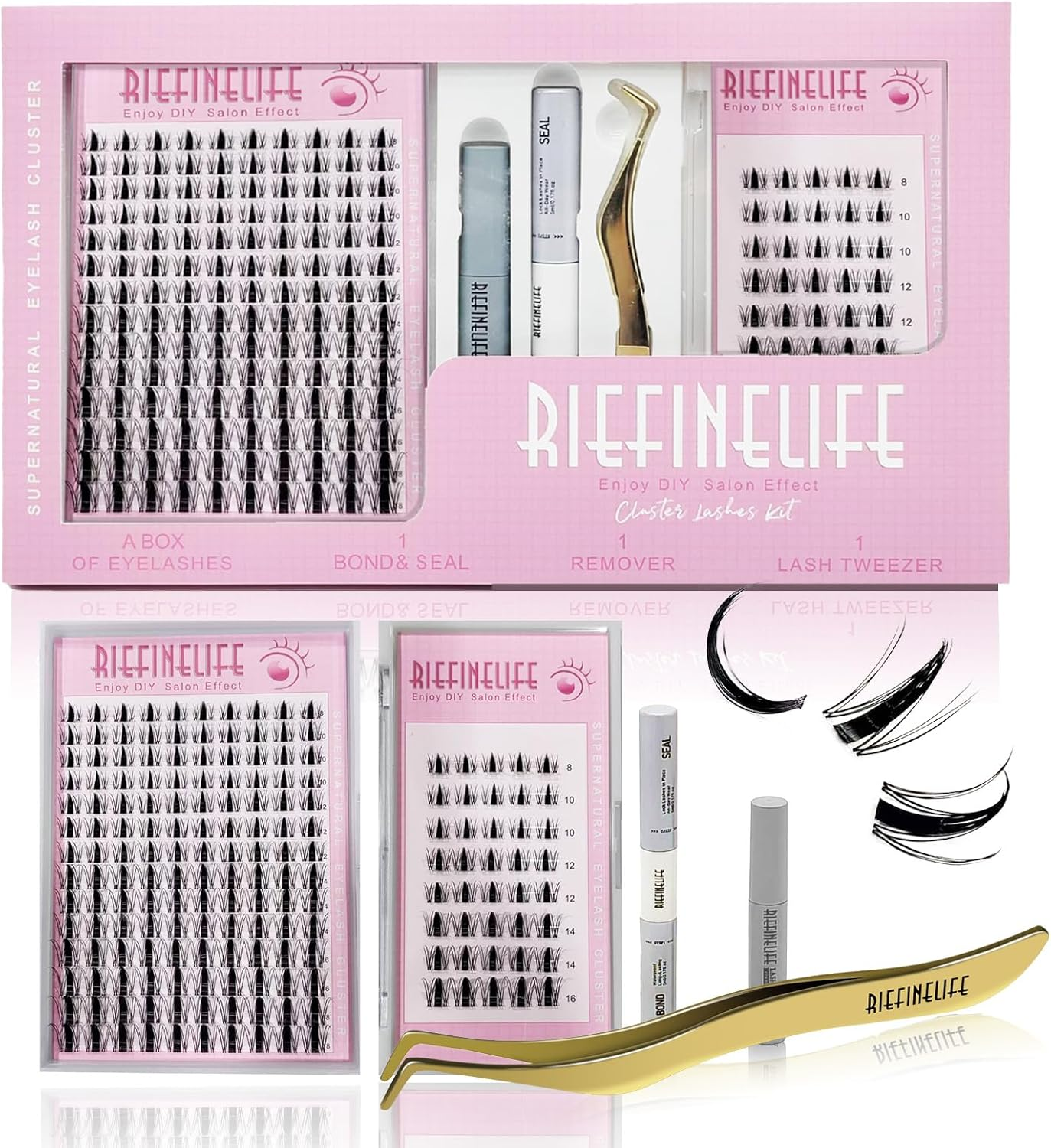 Spiky Cluster Lashes, Wispy 8-18Mm DIY Eyelash Extensions Kit, C and D Curl Pro Cluster & Individual Lashes with Bond, Remover, Applicator, Tweezers,Eyelashes Clusters Kit for Home and Party (Black-Mangga)