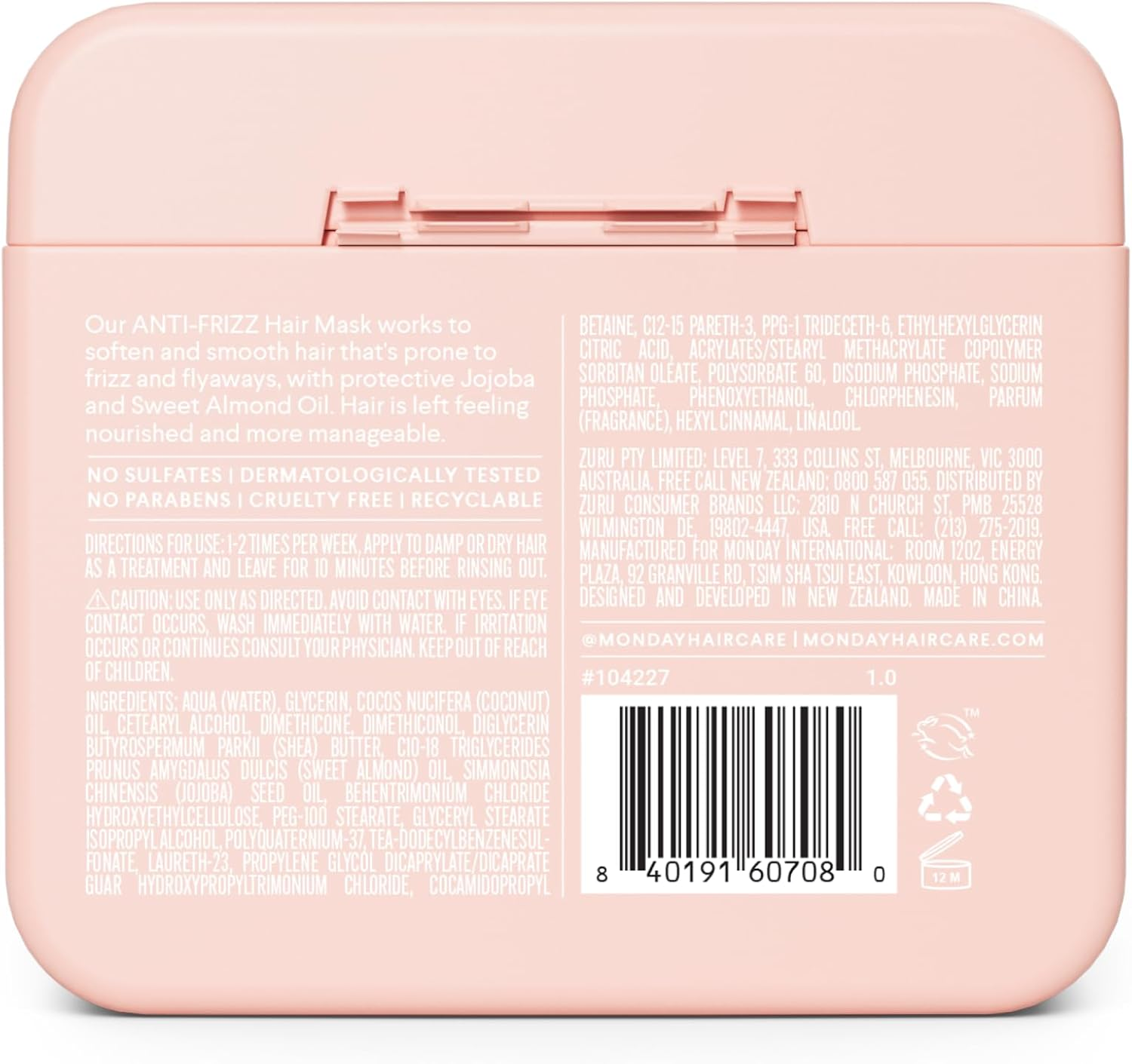 MONDAY HAIRCARE Anti-Frizz Hair Mask 250Ml &ndash; Treatment for Coarse and Frizz-Prone Hair with Softening Ingredients Jojoba Oil, Shea Butter and Coconut Oil image number 5