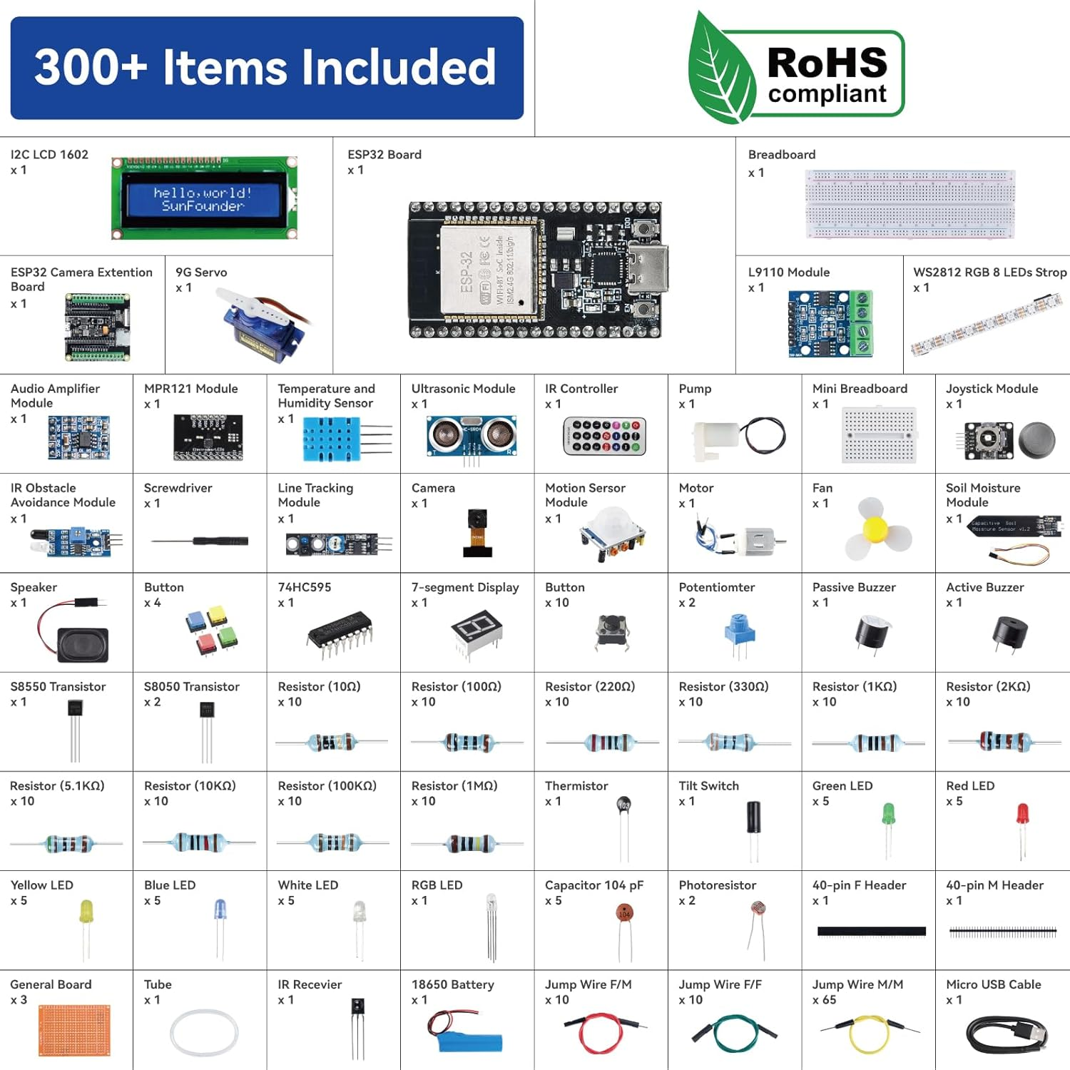 Sunfounder ESP32 Ultimate Starter Kit (Compatible with Arduino) ESP32CAM, Rohs Compliant, Python C Scratch, Video Courses, Iot for Beginners Engineers, ESP32-WROOM-32E Board & Battery Included image number 3