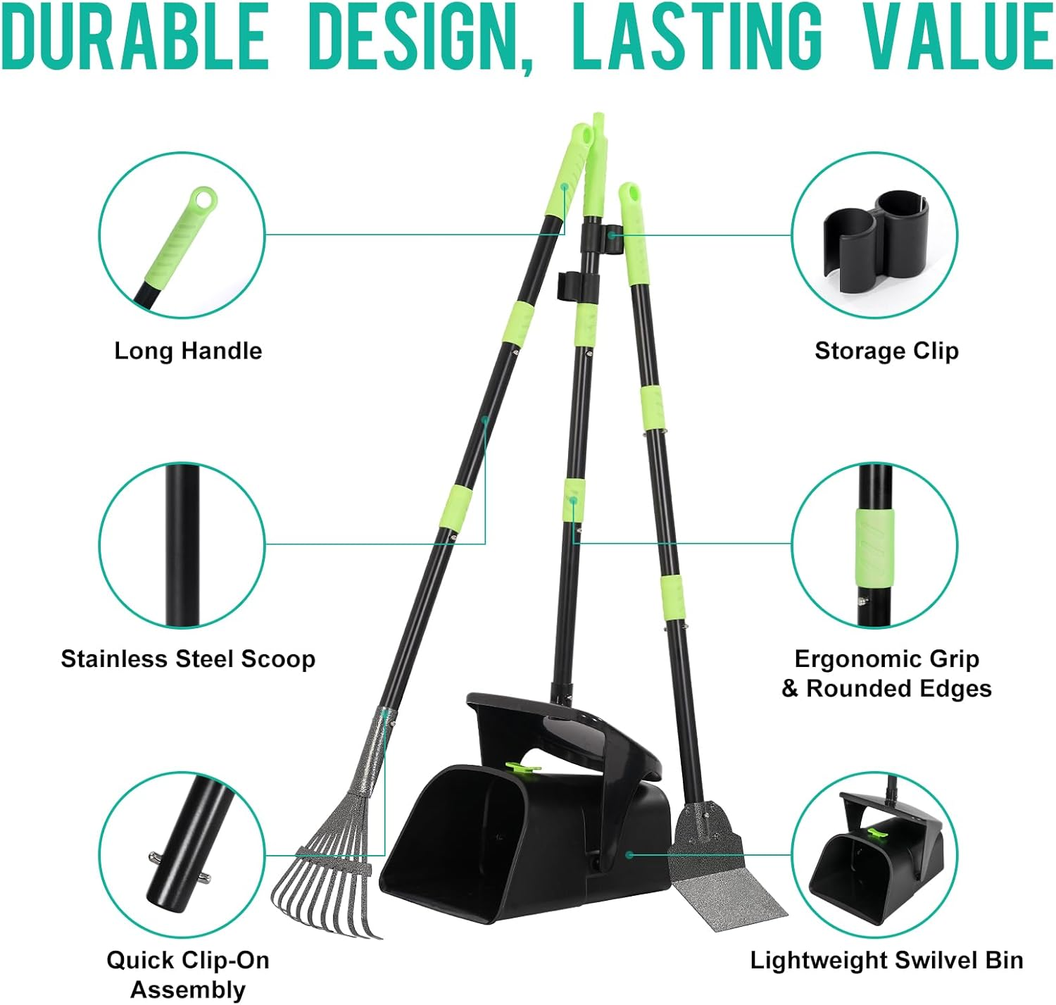 Long Handle Dog Poop Scooper Set with Swivel Bin, Rake & Spade - 97Cm Adjustable Poop Scoop - 20 Bags Included - No Bend Cleaning for Grass, Concrete & Gravel - Rustproof Stainless Steel image number 3