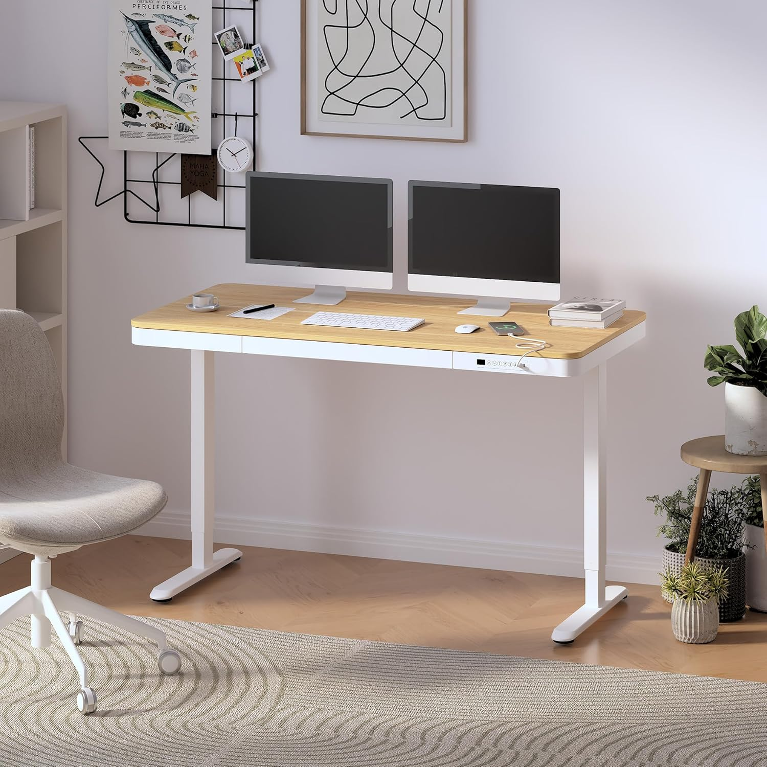 FLEXISPOT 140Cm Electric Standing Desk with Drawers, Quick Assembly Home Office Sit Stand Desk with Storage, USB Charging, Computer Desk for Home Office (Maple Top + White Adjustable Frame, Comhar) image number 7