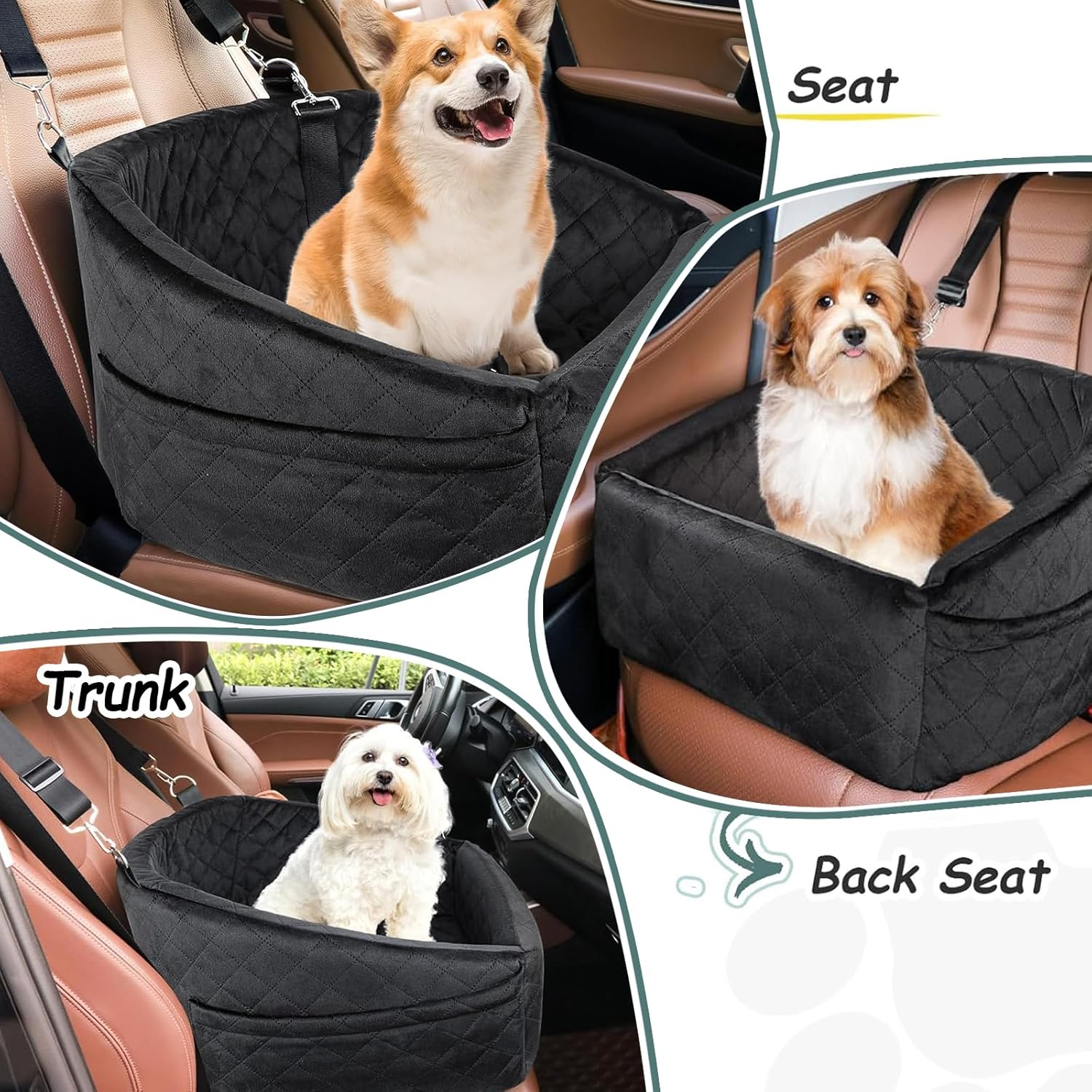 Dog Car Seat for Small Dogs, Portable Dog Car Seat with Storage Pockets, Durable Oxford Fabric Puppy Car Seat Organizer, Easy Install for Cars, Suvs,Black image number 5