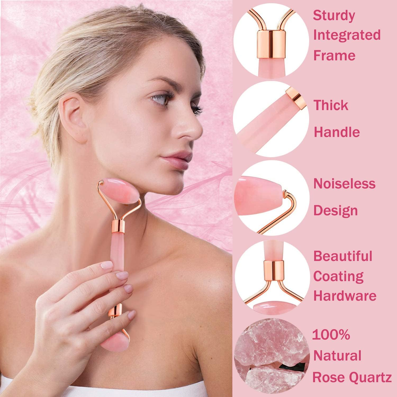 Leicare Rose Quartz Roller, Pink Jade Roller for Face - Natural Stone Facial Roller, Face Massager Beauty Tool for Wrinkles, Skin Tightening, Lift Firming - Eye Puffiness Treatment, anti Aging image number 2