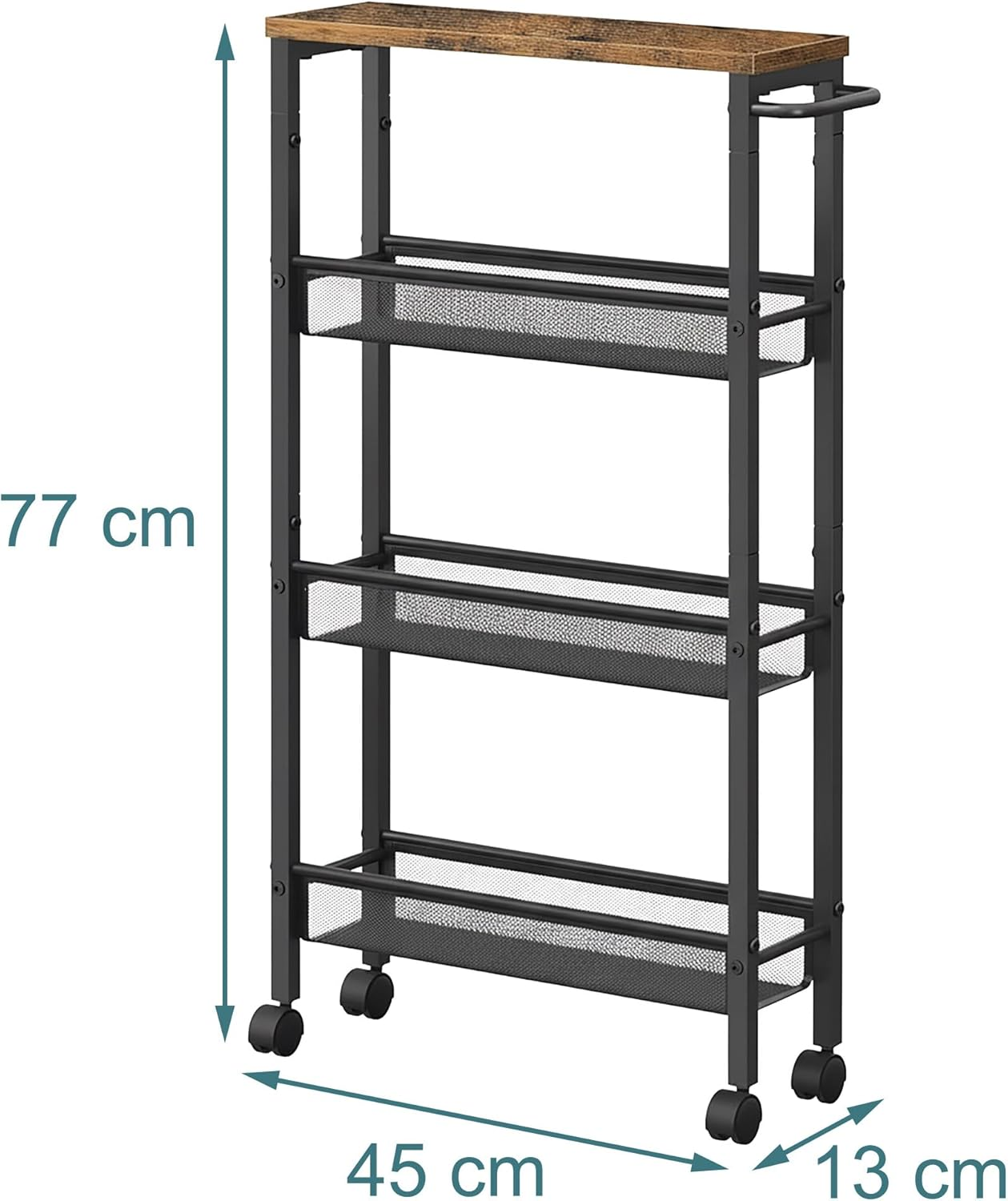 Relaxdays Niche Trolley, H X W X D: 77 X 13 X 45 Cm, Narrow Recess Shelf Bathroom & Kitchen, 4 Levels, Metal Rolling Shelf, Brown/Black image number 2