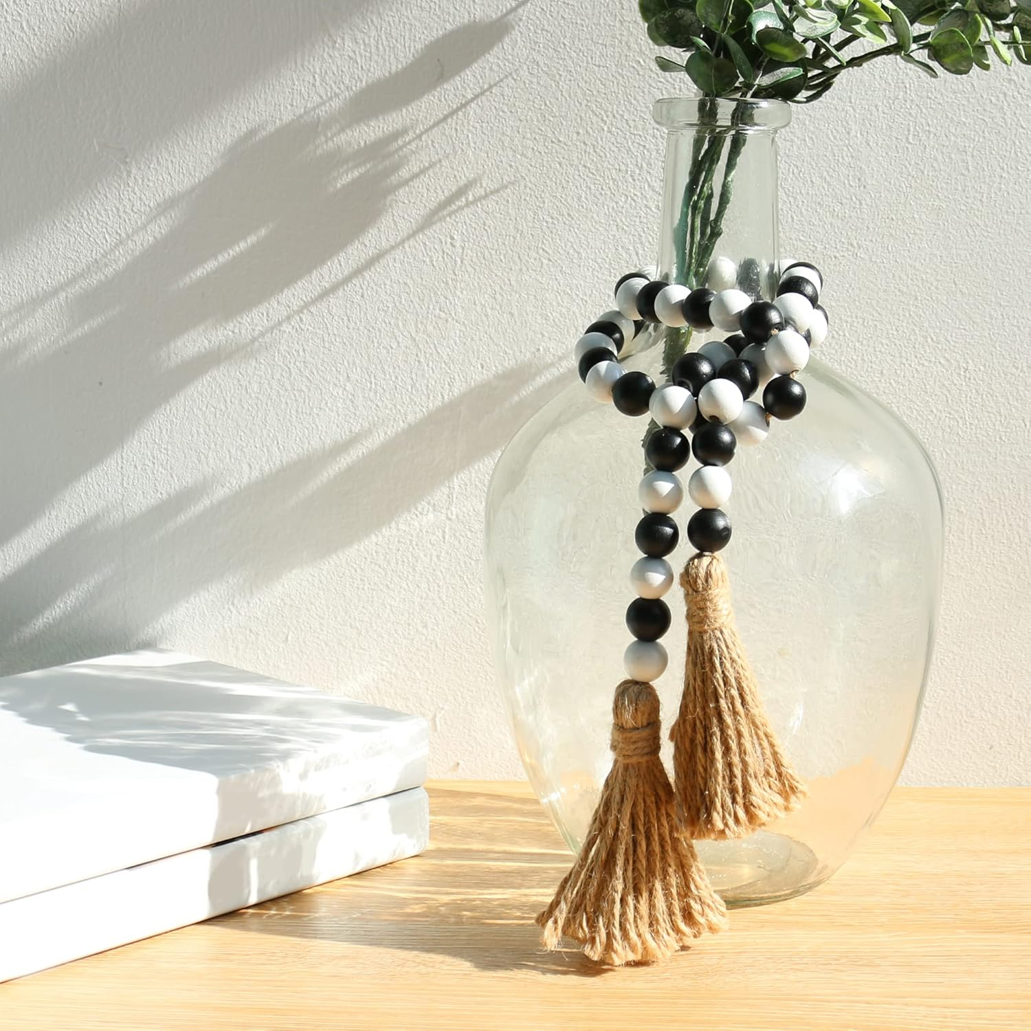 Meplait Wood Bead Garland - 39In Farmhouse Beads with Tassels for Tiered Tray Decor - Black & White - Christmas image number 6