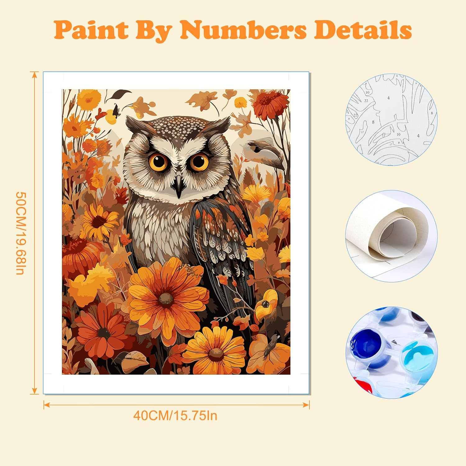 HEIBAGO Owl Paint by Numbers, Flowers Paint by Numbers for Adults Beginners, DIY Paint by Numbers on Canvas Animal Oil Painting Picture for Home Art Decor 16X20 Inch