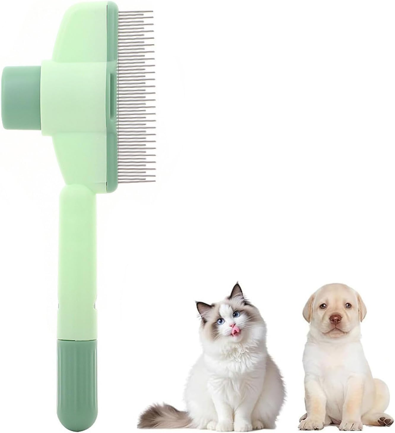 Cat Comb, Green, Self-Cleaning Flea Comb for Cats and Dogs, Cat Brush with Release Button, Self-Cleaning Grooming Brush, Fur Flash Brush, Dog Brush, Pet Brush for Long Short Hair Care