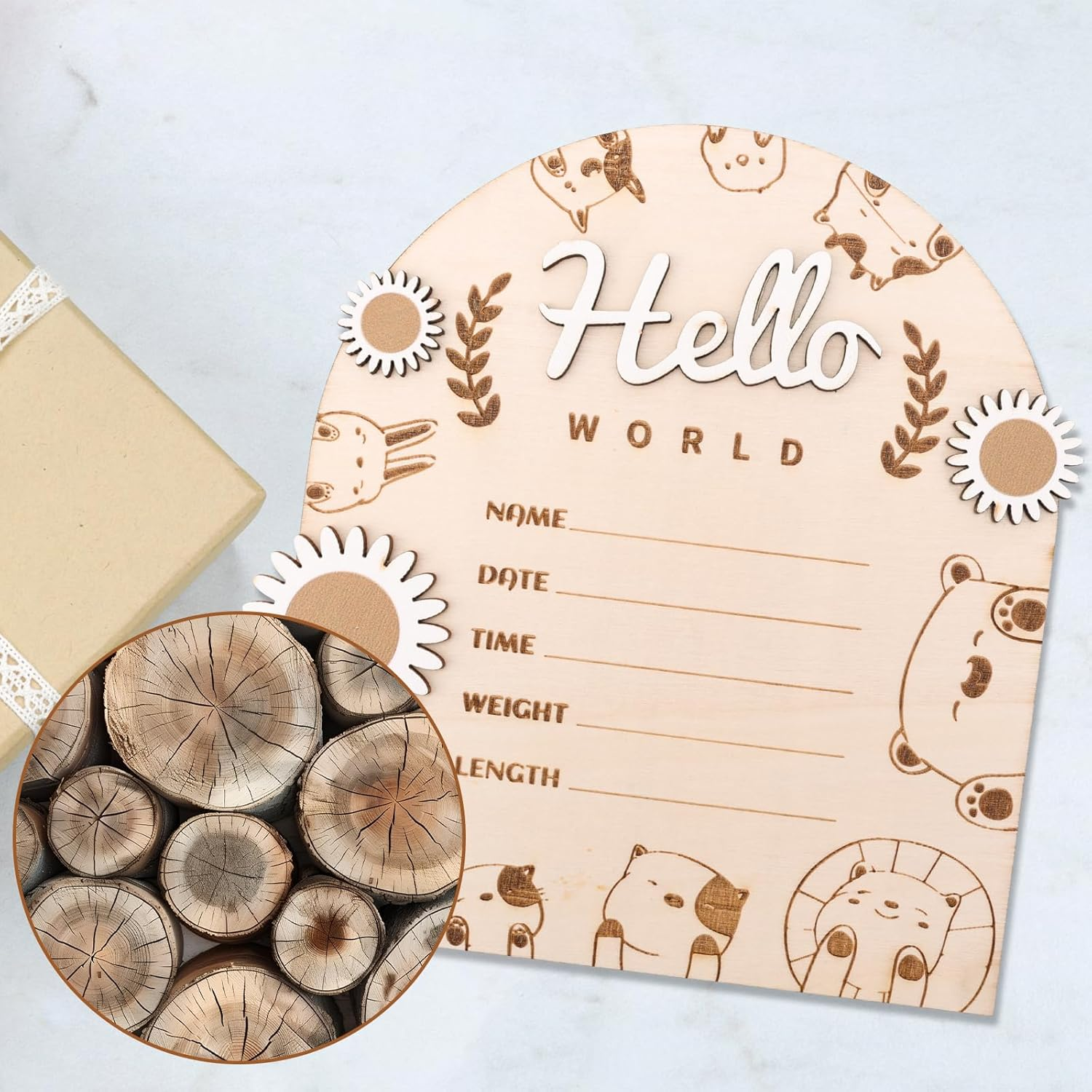 Wooden Baby Announcement Sign, Hello World Baby Sign Baby Announcement Plaque Newborn Baby Name Board Birth Announcement Sign for Baby Shower Gifts Photo Props Wall Decoration image number 6