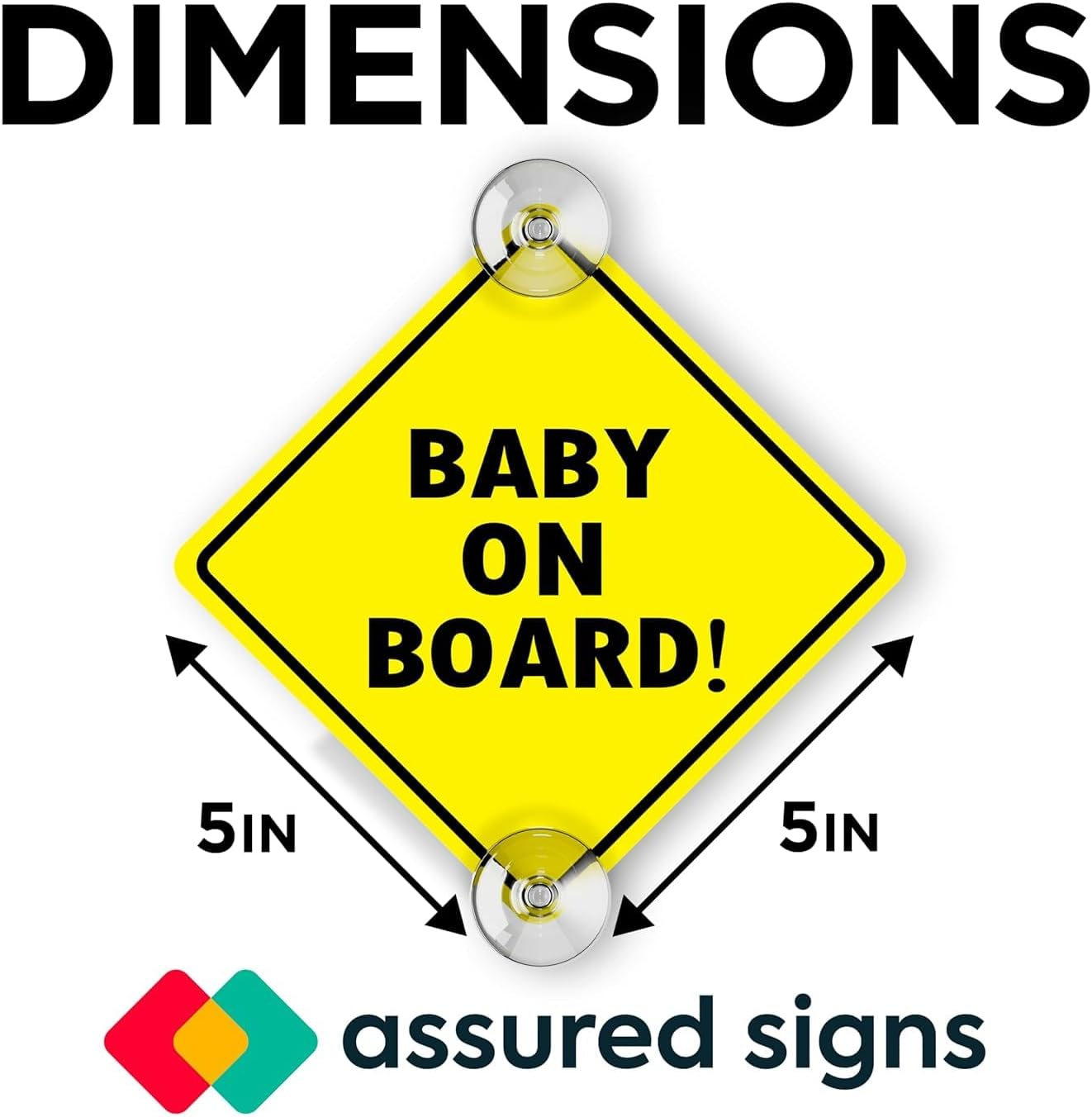 Baby on Board Sign with Suction Cups - 2 Pack, 5" by 5" - Essential Safety Signs for Cars - Bright Yellow, Durable and Strong Suction