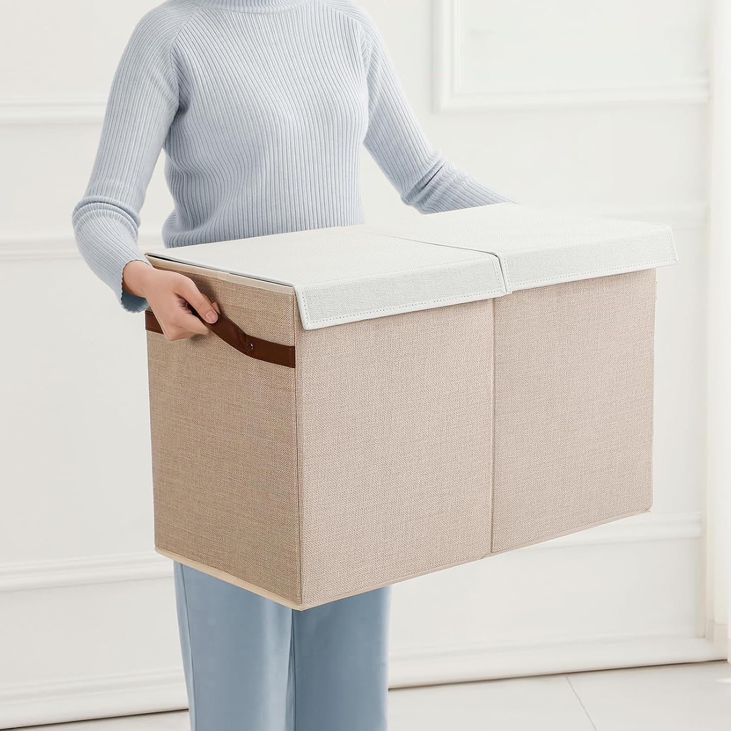 DAWNTREES Large Toy Box Storage Box, Foldable Children'S Storage Box with Flap for Toys, Playroom Storage, Nursery 63X40X34Cm (Beige)