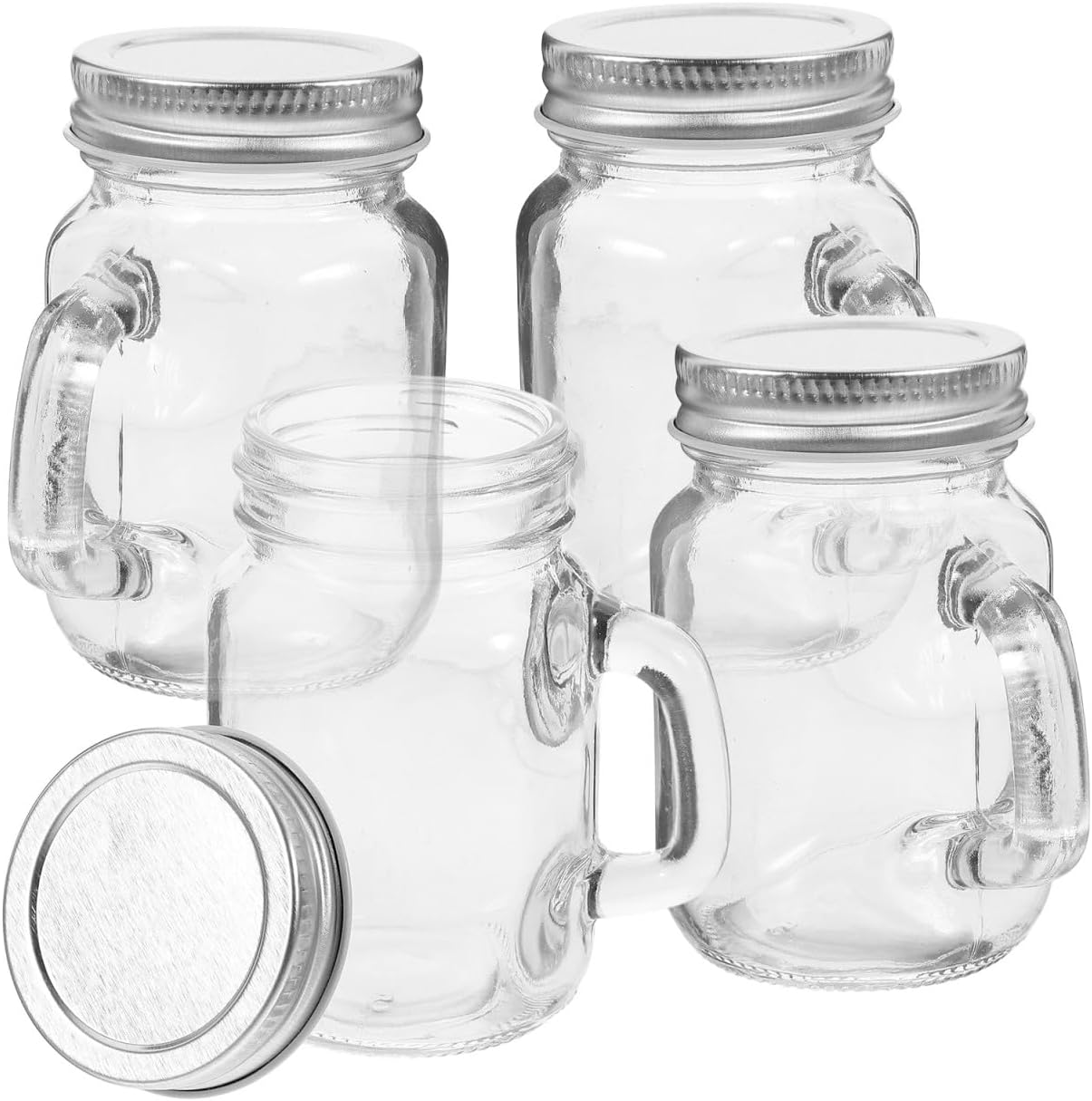 PRETYZOOM 4Pcs 120Ml/4Oz Mason Jars with Lid, Reusable Glass Shot Bottle with Handle, Leakproof Dispenser Bottle for Jam, Juice, Honey