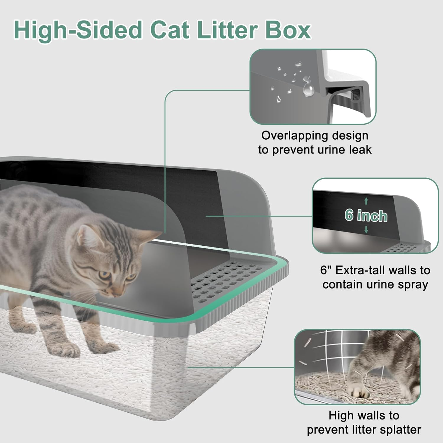 Fafargeen Stainless Steel Litter Box with Lid, Metal Litter Box High Sided anti Leakage, Kitty Box Rust Free Non Sticky, Dark Grey Steel Odor Control L