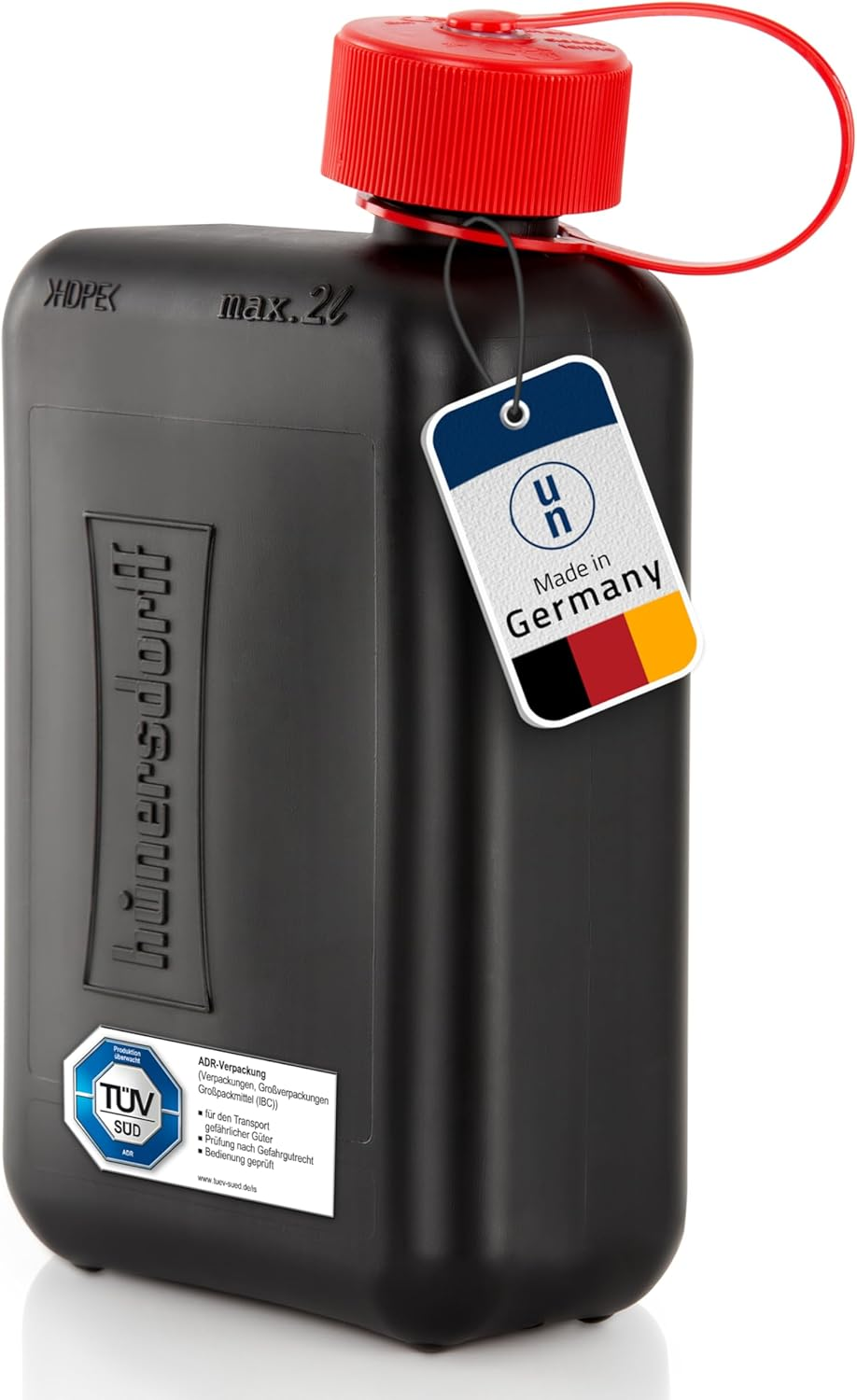 H&uuml;nersdorff Fuel Canister Standard 2 L, Replacement Canister for Small Cars and Hybrid Vehicles, HD-PE, Made in Germany, T&uuml;v-Certified Production, Black image number 4
