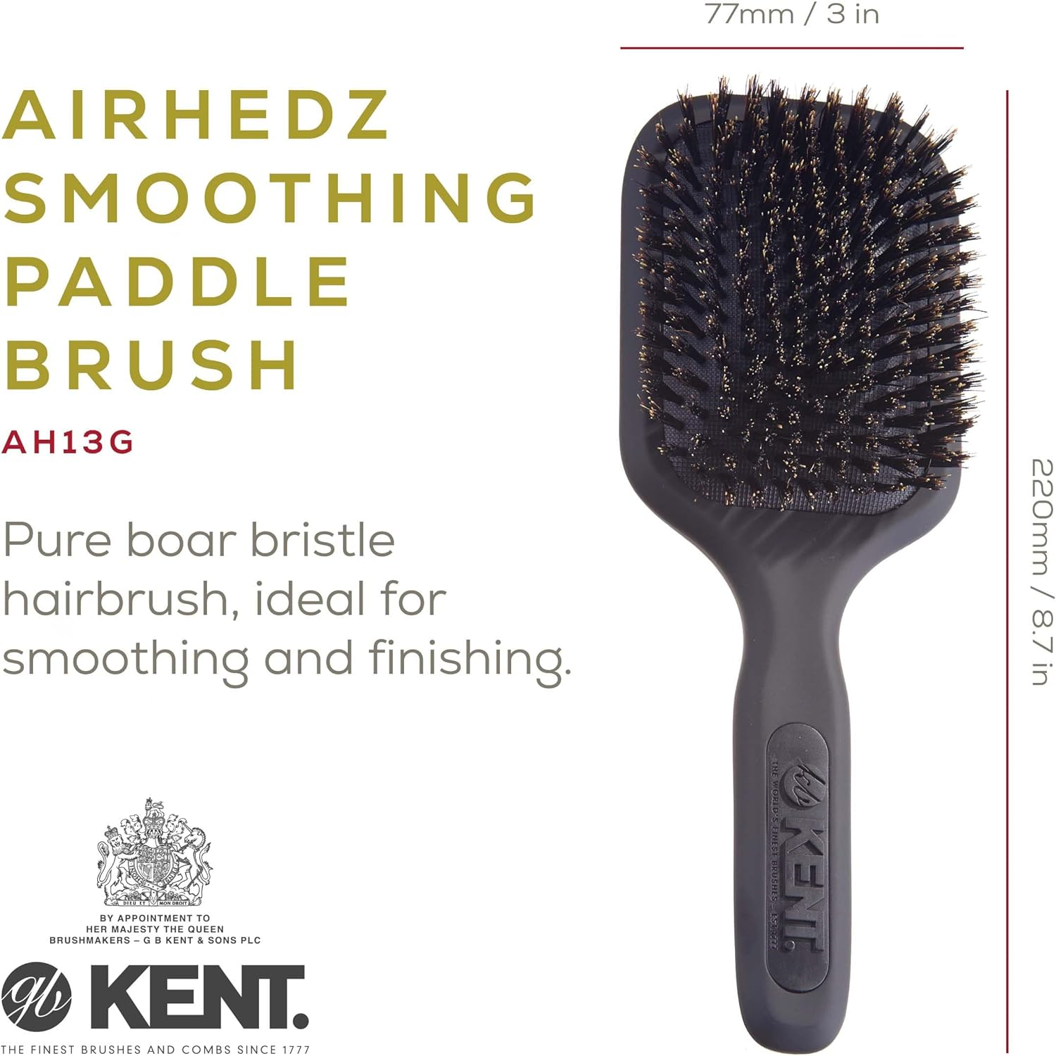 (Medium, Graphite Grey) - Kent Airhedz Pro Medium Pure Bristle Paddle Brush Graphite Grey image number 2